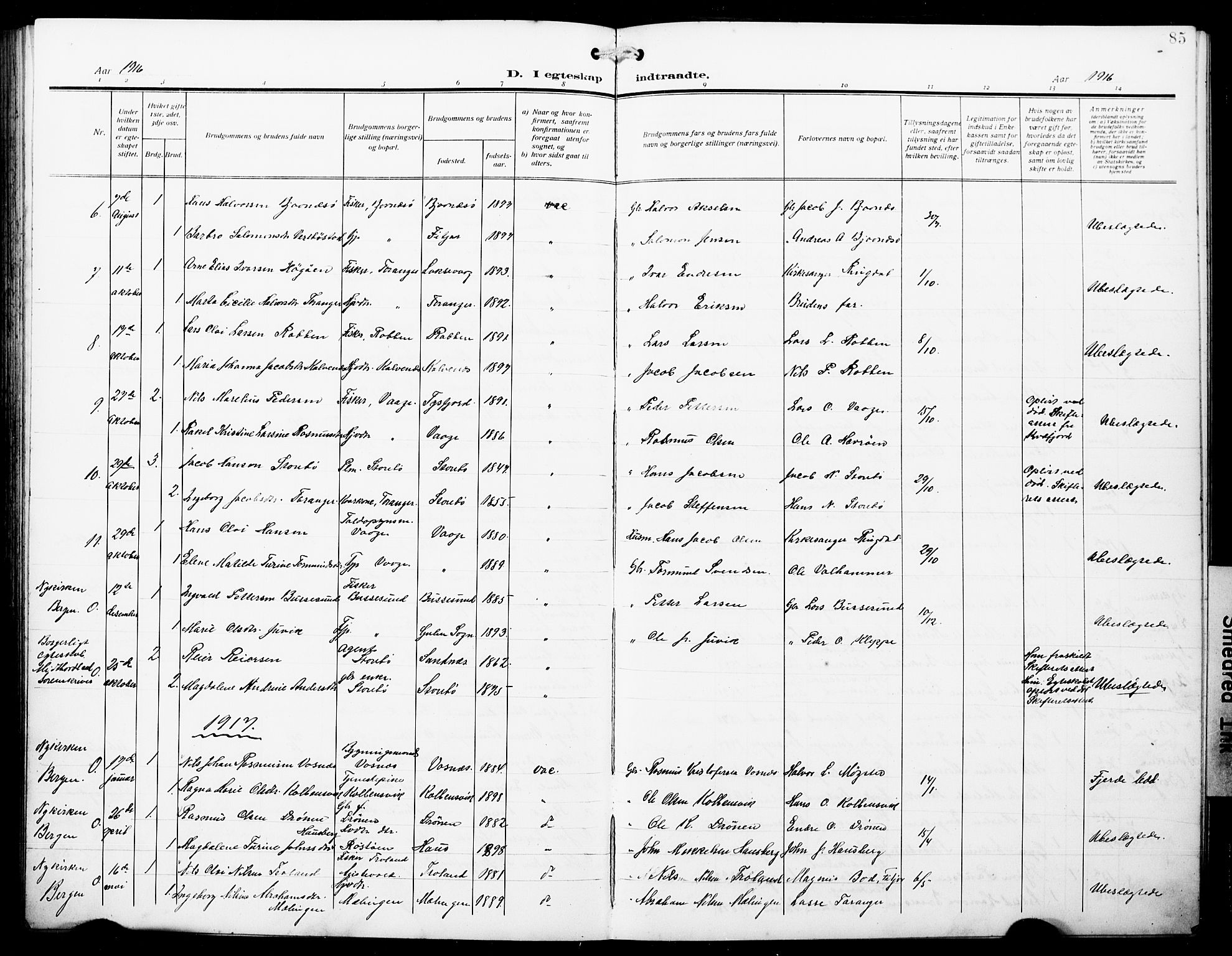 Austevoll sokneprestembete, AV/SAB-A-74201/H/Ha/Hab/Haba/L0005: Klokkerbok nr. A 5, 1913-1925, s. 85