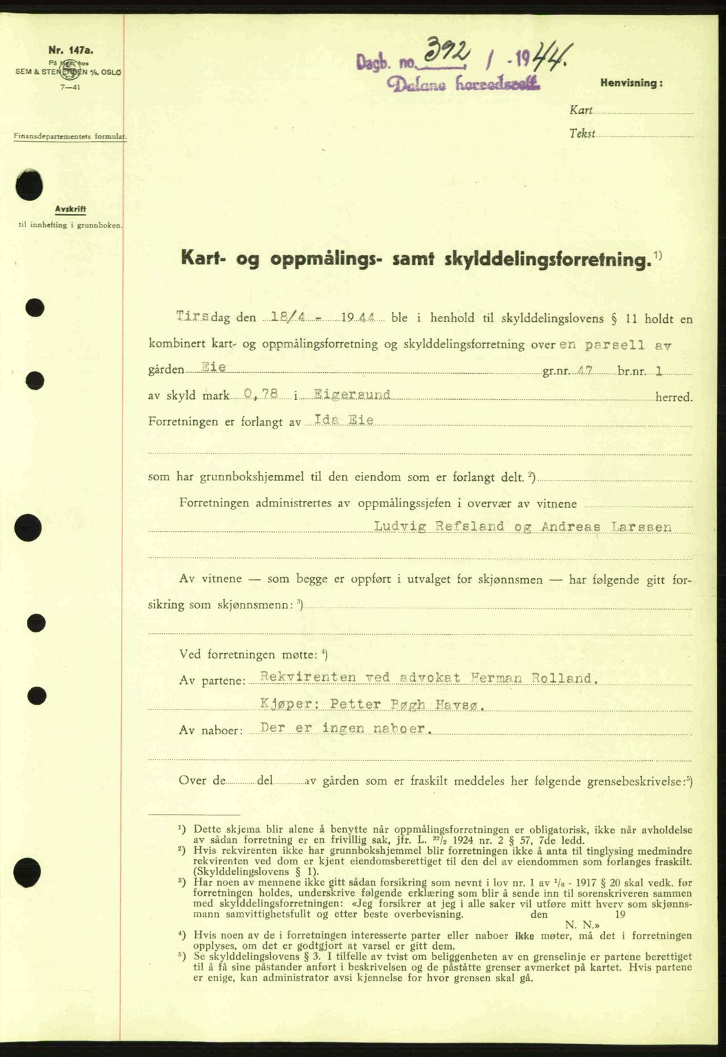 Dalane sorenskriveri, SAST/A-100309/02/G/Gb/L0047: Pantebok nr. A8 I, 1944-1945, Dagboknr: 392/1944
