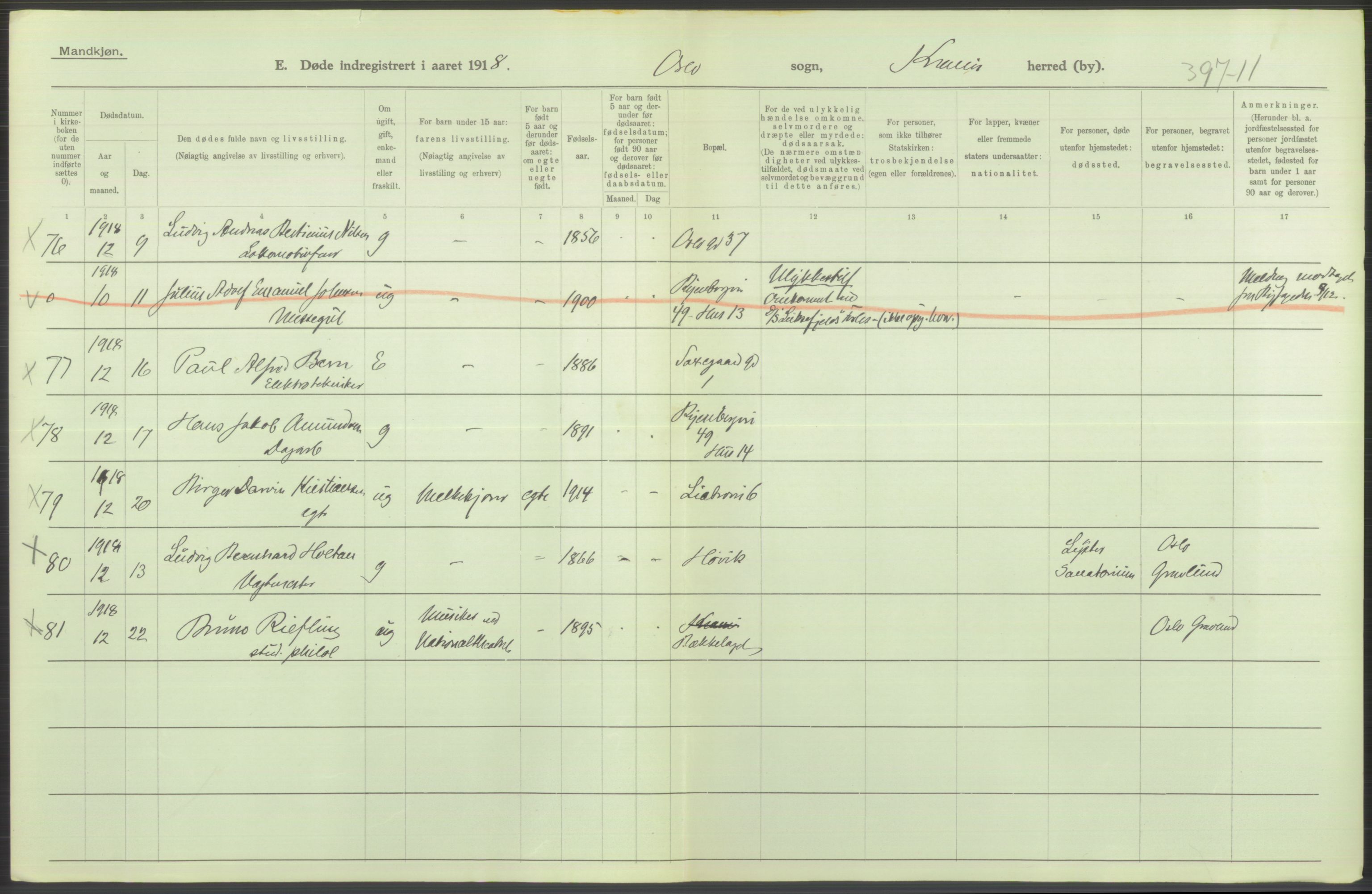 Statistisk sentralbyrå, Sosiodemografiske emner, Befolkning, AV/RA-S-2228/D/Df/Dfb/Dfbh/L0011: Kristiania: Døde, dødfødte, 1918, s. 118