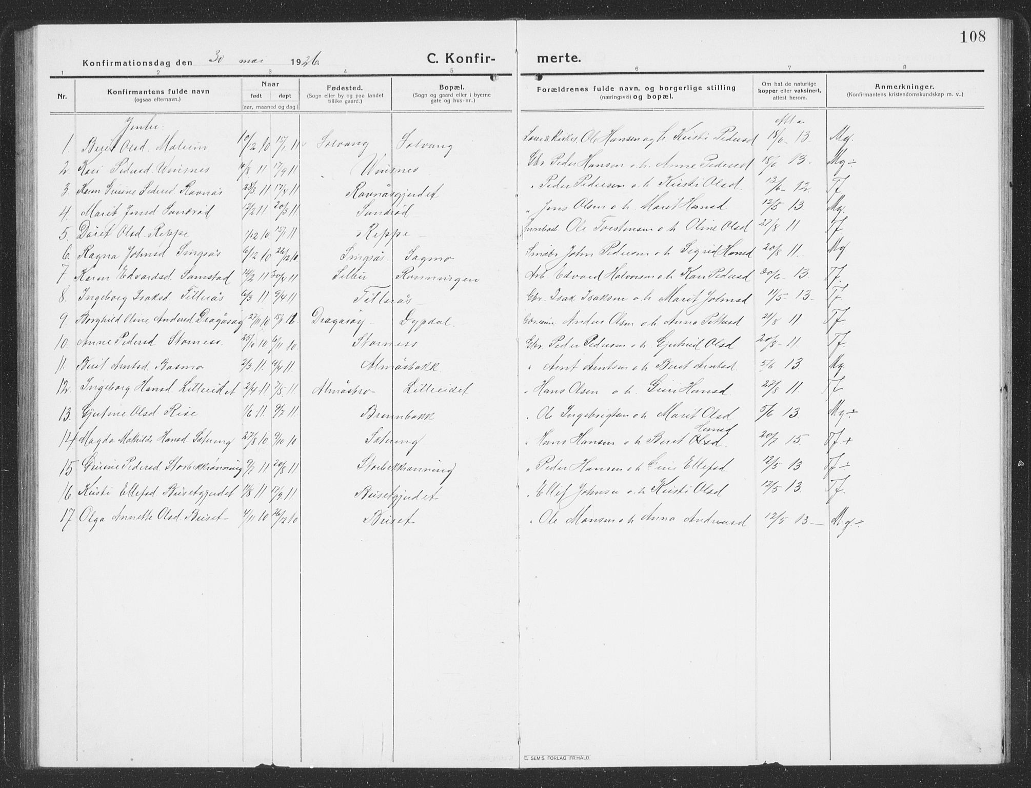 Ministerialprotokoller, klokkerbøker og fødselsregistre - Sør-Trøndelag, AV/SAT-A-1456/688/L1030: Klokkerbok nr. 688C05, 1916-1939, s. 108