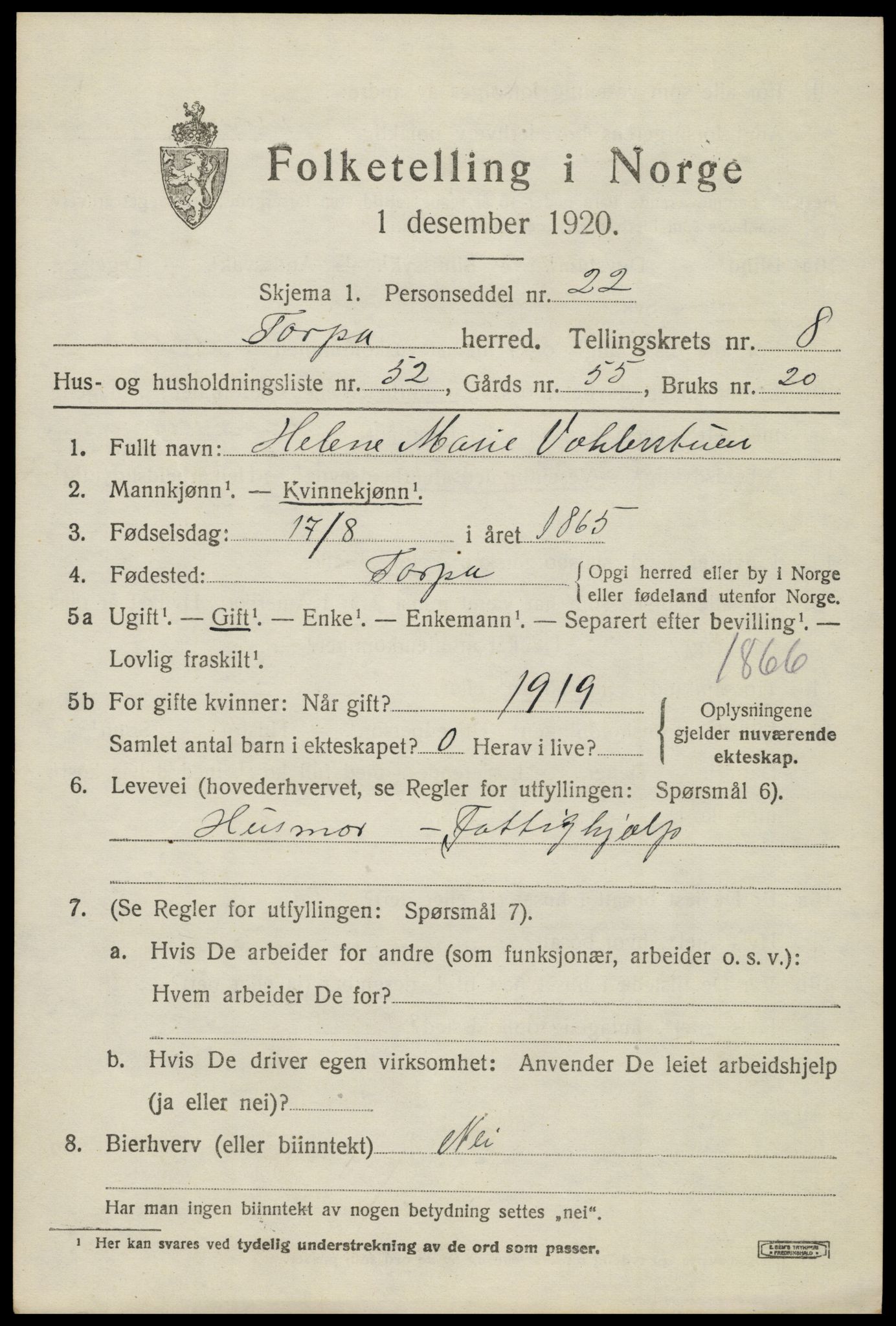 SAH, Folketelling 1920 for 0539 Torpa herred, 1920, s. 5225