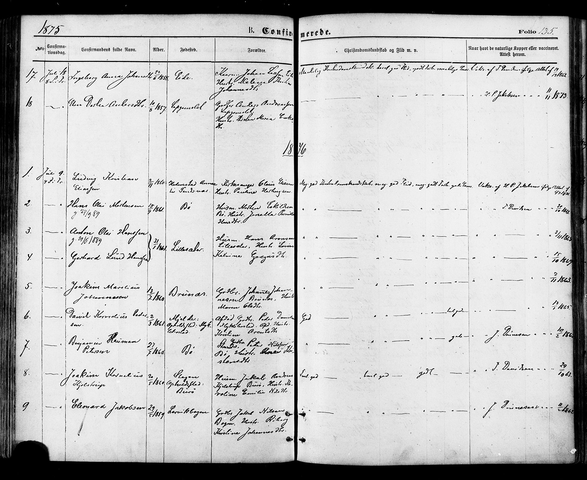 Ministerialprotokoller, klokkerbøker og fødselsregistre - Nordland, AV/SAT-A-1459/855/L0802: Ministerialbok nr. 855A10, 1875-1886, s. 135