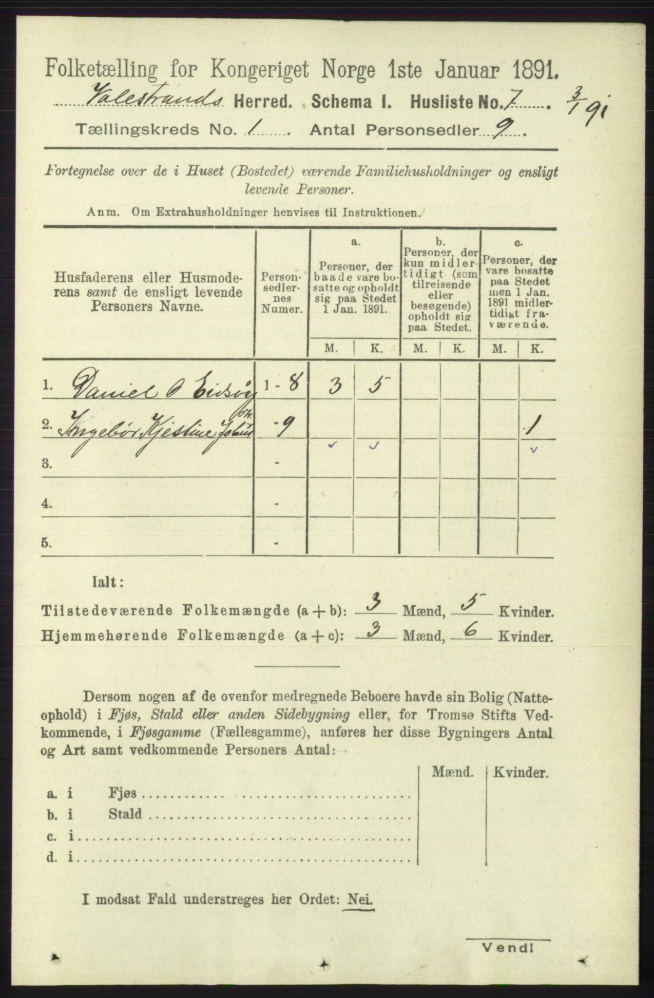 RA, Folketelling 1891 for 1217 Valestrand herred, 1891, s. 22