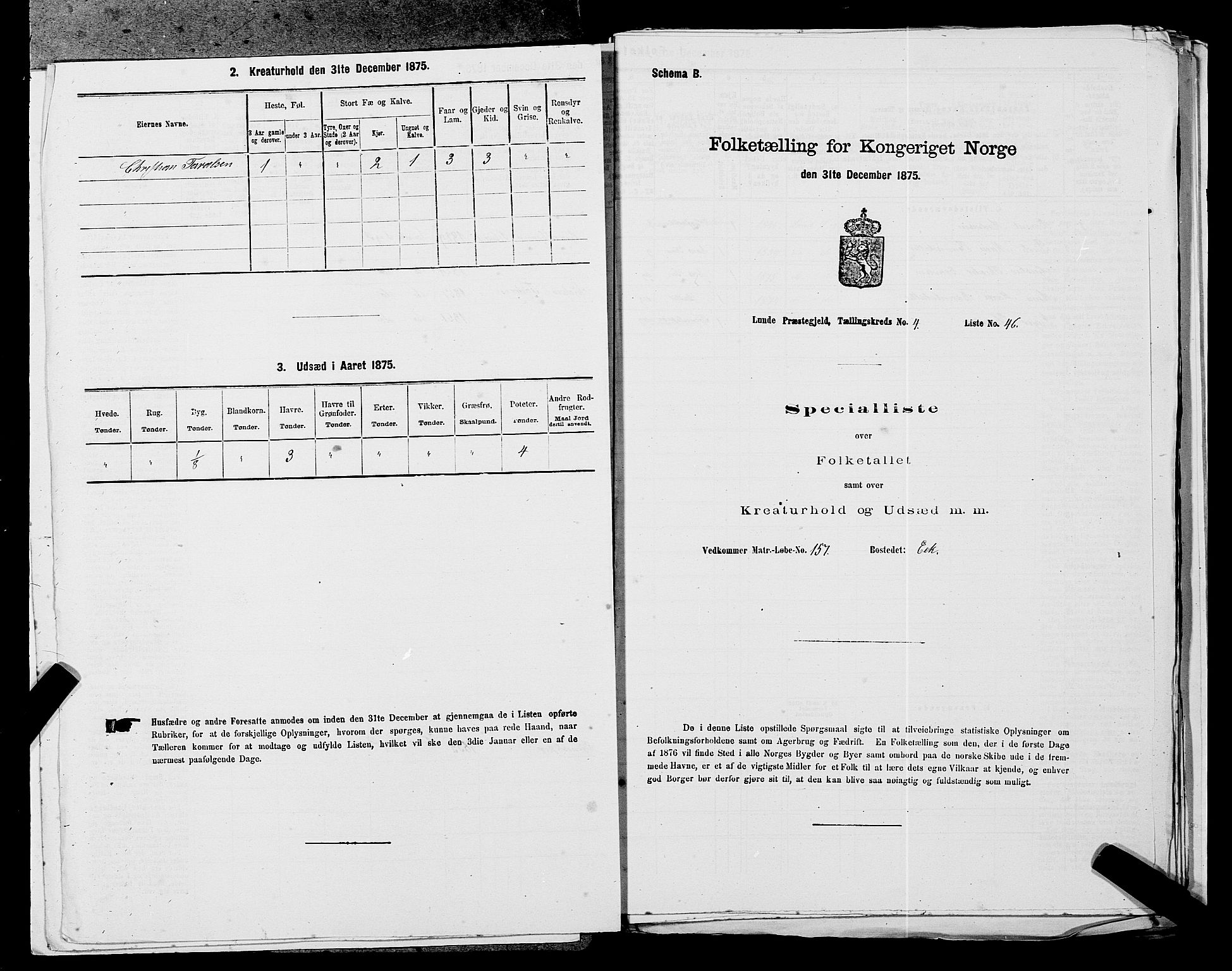 SAST, Folketelling 1875 for 1112P Lund prestegjeld, 1875, s. 424