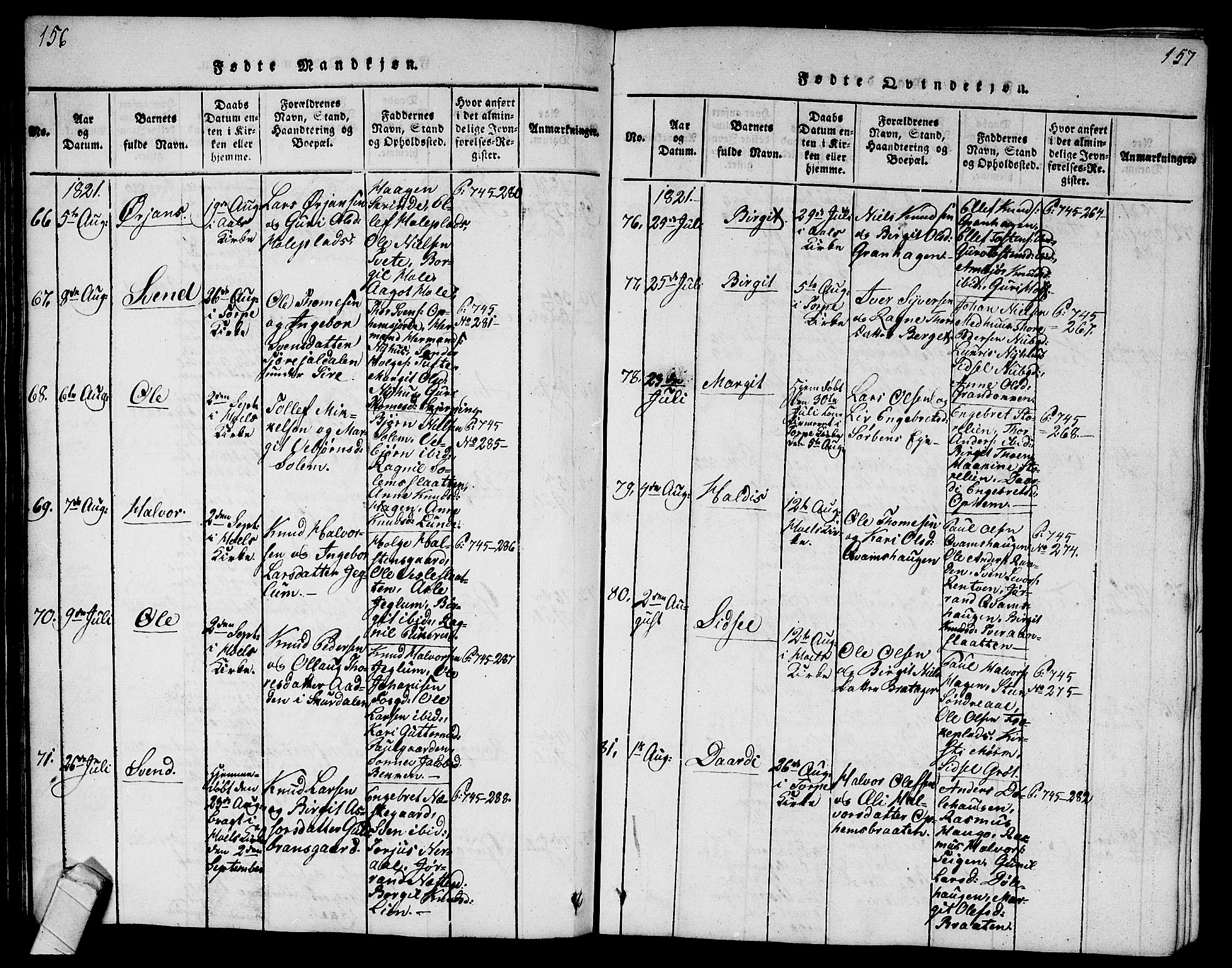 Ål kirkebøker, AV/SAKO-A-249/G/Ga/L0001: Klokkerbok nr. 1, 1815-1829, s. 156-157