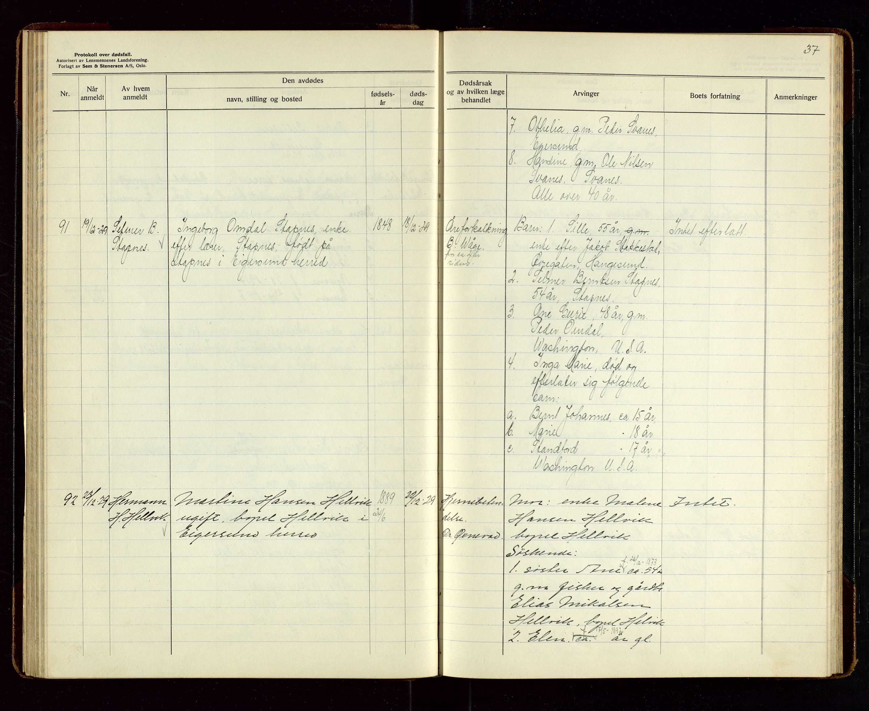 Eigersund lensmannskontor, SAST/A-100171/Gga/L0011: "Protokoll over anmeldte dødsfall" m/alfabetisk navneregister, 1928-1931, s. 37