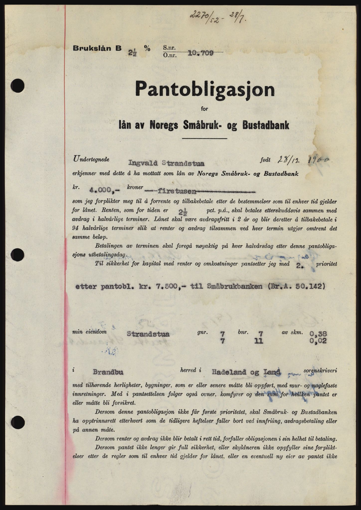 Hadeland og Land tingrett, SAH/TING-010/H/Hb/Hbc/L0024: Pantebok nr. B24, 1952-1952, Dagboknr: 2270/1952