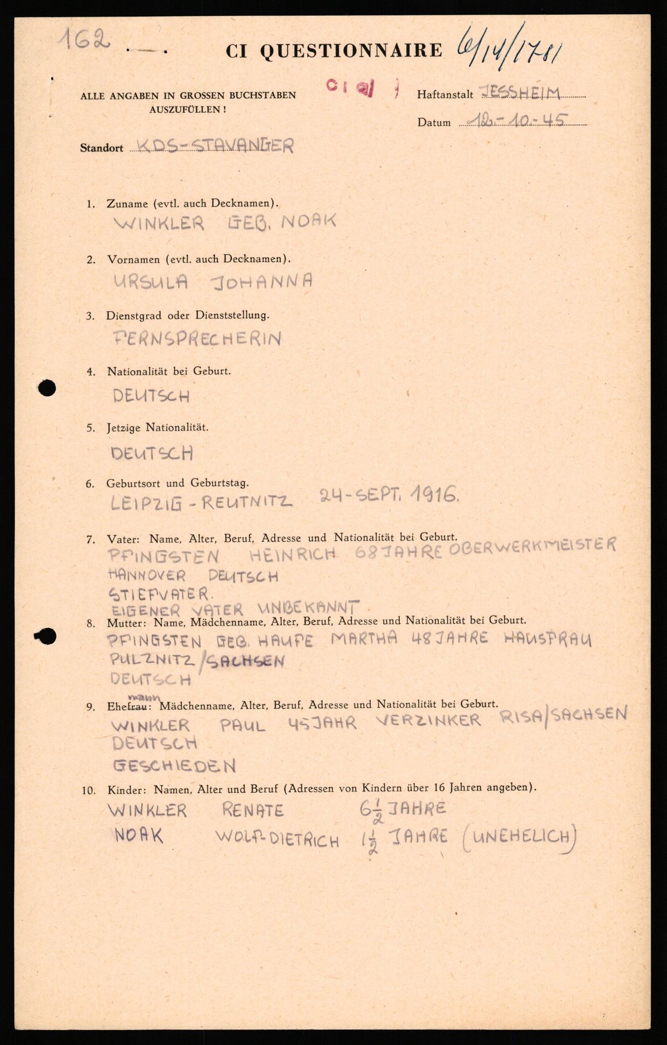 Forsvaret, Forsvarets overkommando II, AV/RA-RAFA-3915/D/Db/L0036: CI Questionaires. Tyske okkupasjonsstyrker i Norge. Tyskere., 1945-1946, s. 168