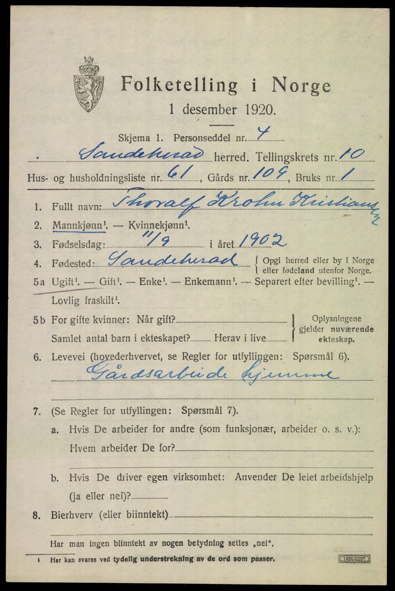 SAKO, Folketelling 1920 for 0724 Sandeherred herred, 1920, s. 15288