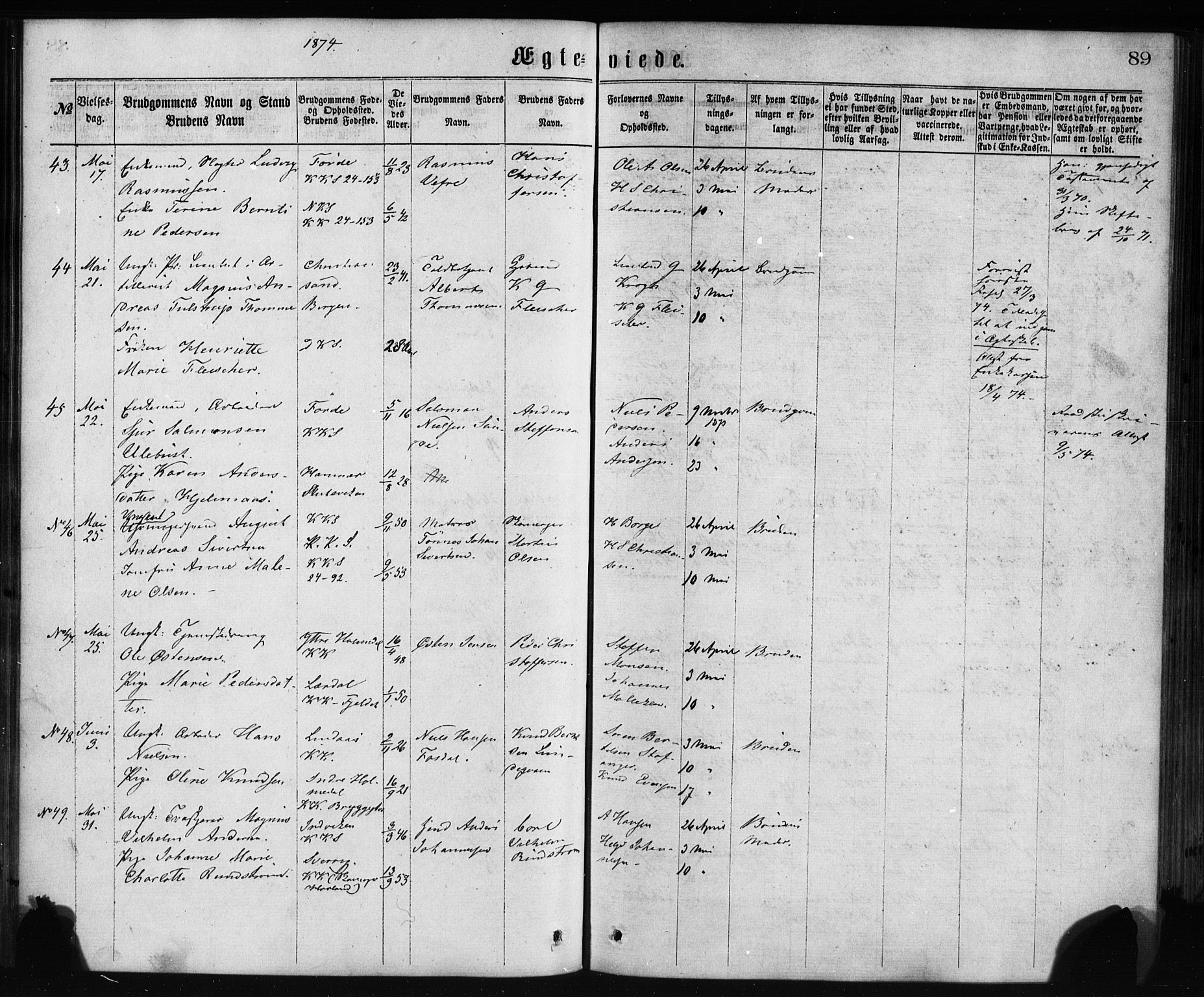 Korskirken sokneprestembete, AV/SAB-A-76101/H/Haa/L0036: Ministerialbok nr. D 3, 1867-1882, s. 89