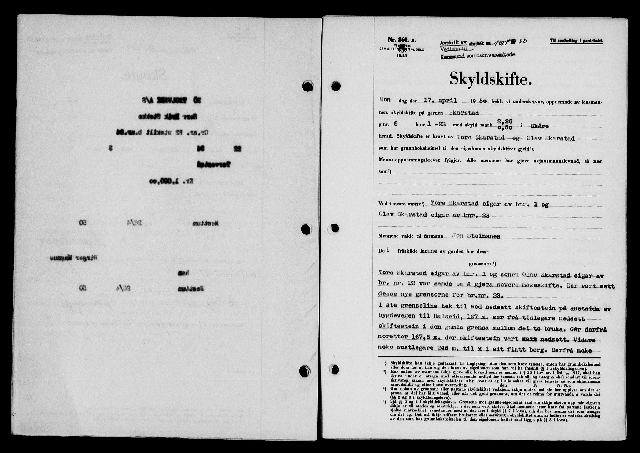 Karmsund sorenskriveri, SAST/A-100311/01/II/IIB/L0099: Pantebok nr. 79A, 1950-1950, Dagboknr: 1025/1950
