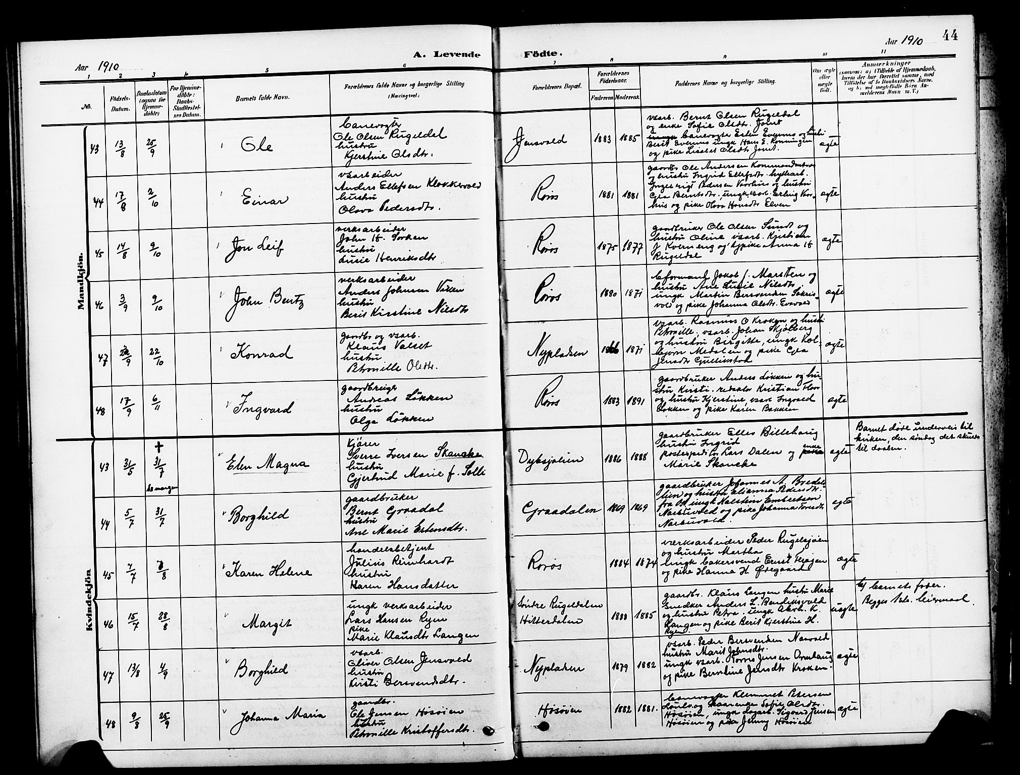 Ministerialprotokoller, klokkerbøker og fødselsregistre - Sør-Trøndelag, AV/SAT-A-1456/681/L0942: Klokkerbok nr. 681C06, 1906-1925, s. 44