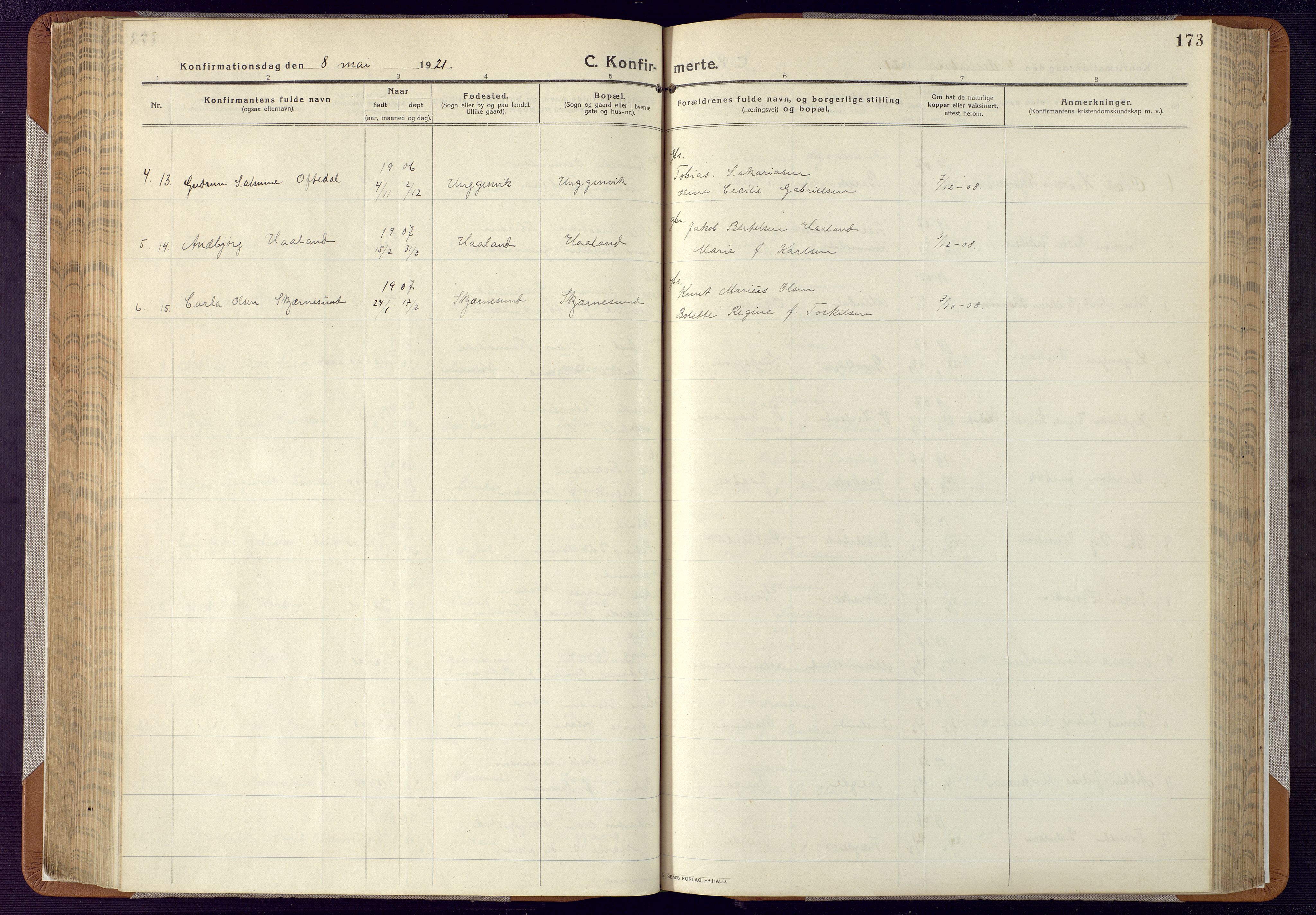 Mandal sokneprestkontor, SAK/1111-0030/F/Fa/Faa/L0022: Ministerialbok nr. A 22, 1913-1925, s. 173
