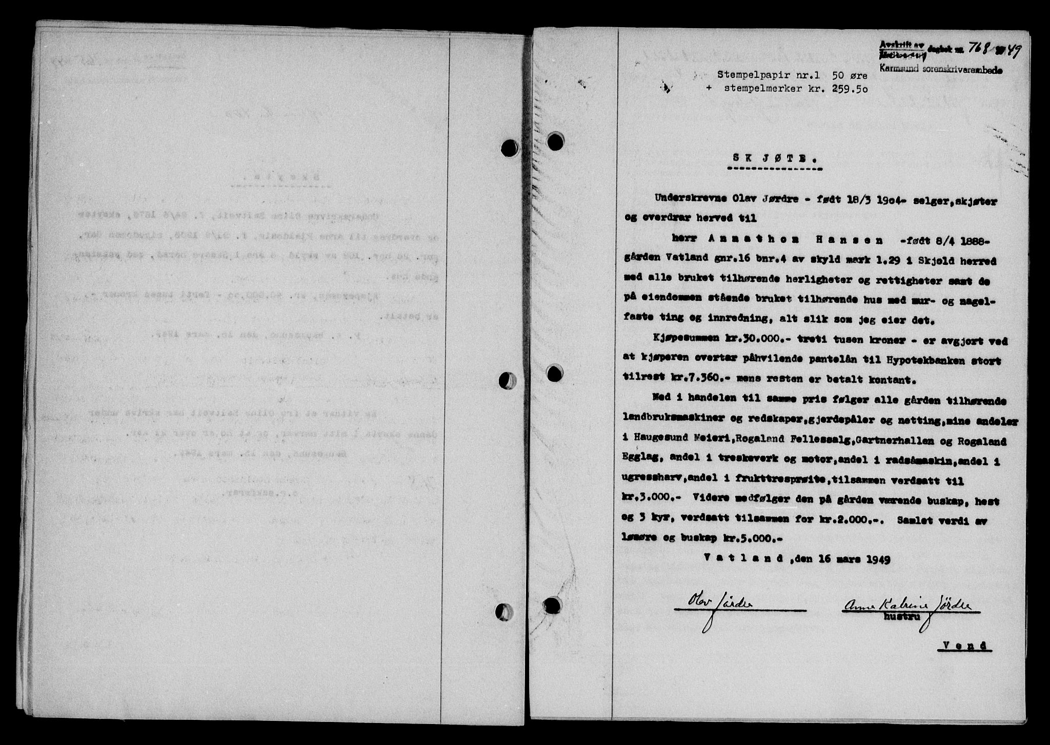Karmsund sorenskriveri, SAST/A-100311/01/II/IIB/L0095: Pantebok nr. 75A, 1948-1949, Dagboknr: 768/1949