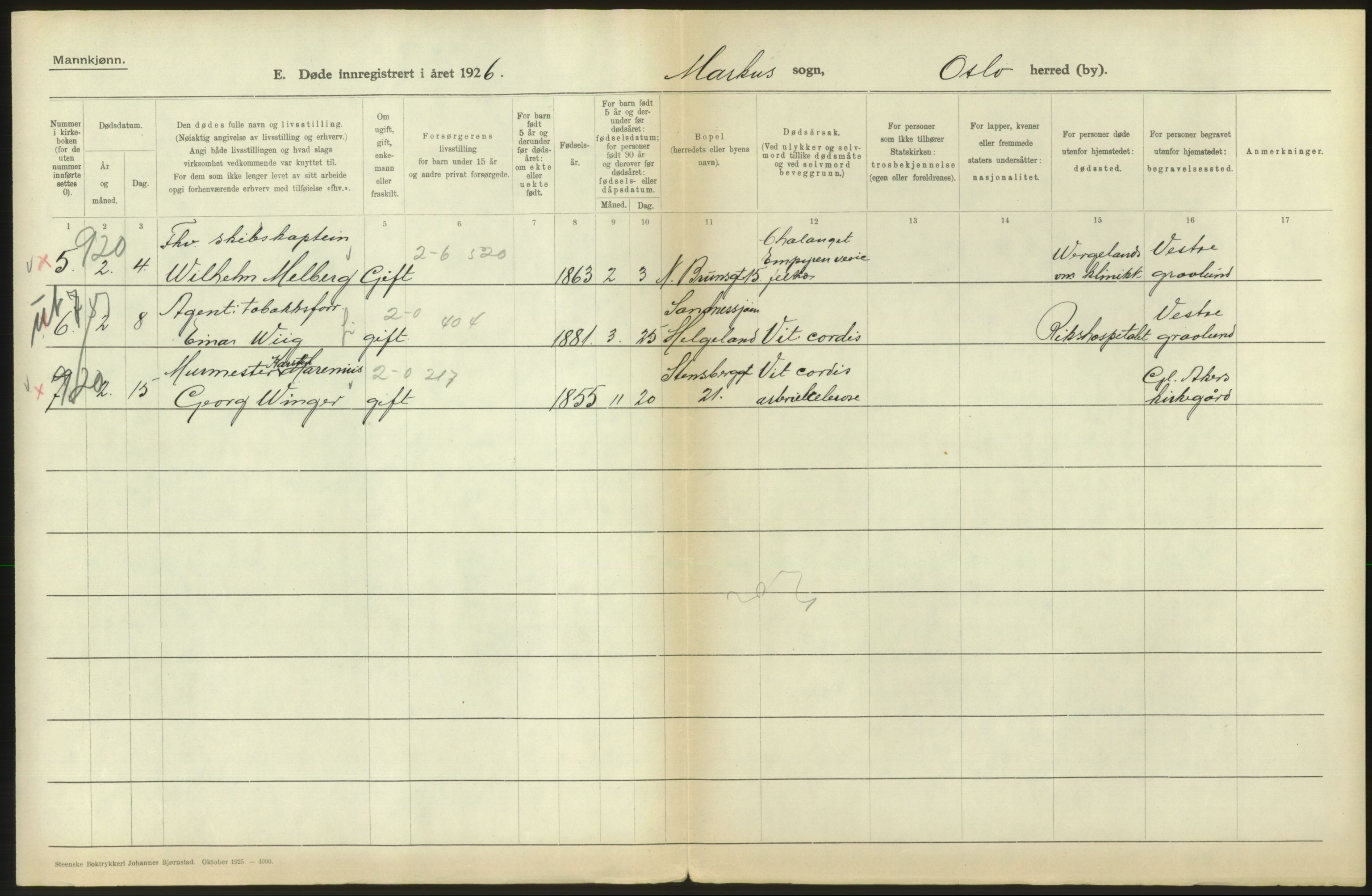 Statistisk sentralbyrå, Sosiodemografiske emner, Befolkning, AV/RA-S-2228/D/Df/Dfc/Dfcf/L0009: Oslo: Døde menn, 1926, s. 544