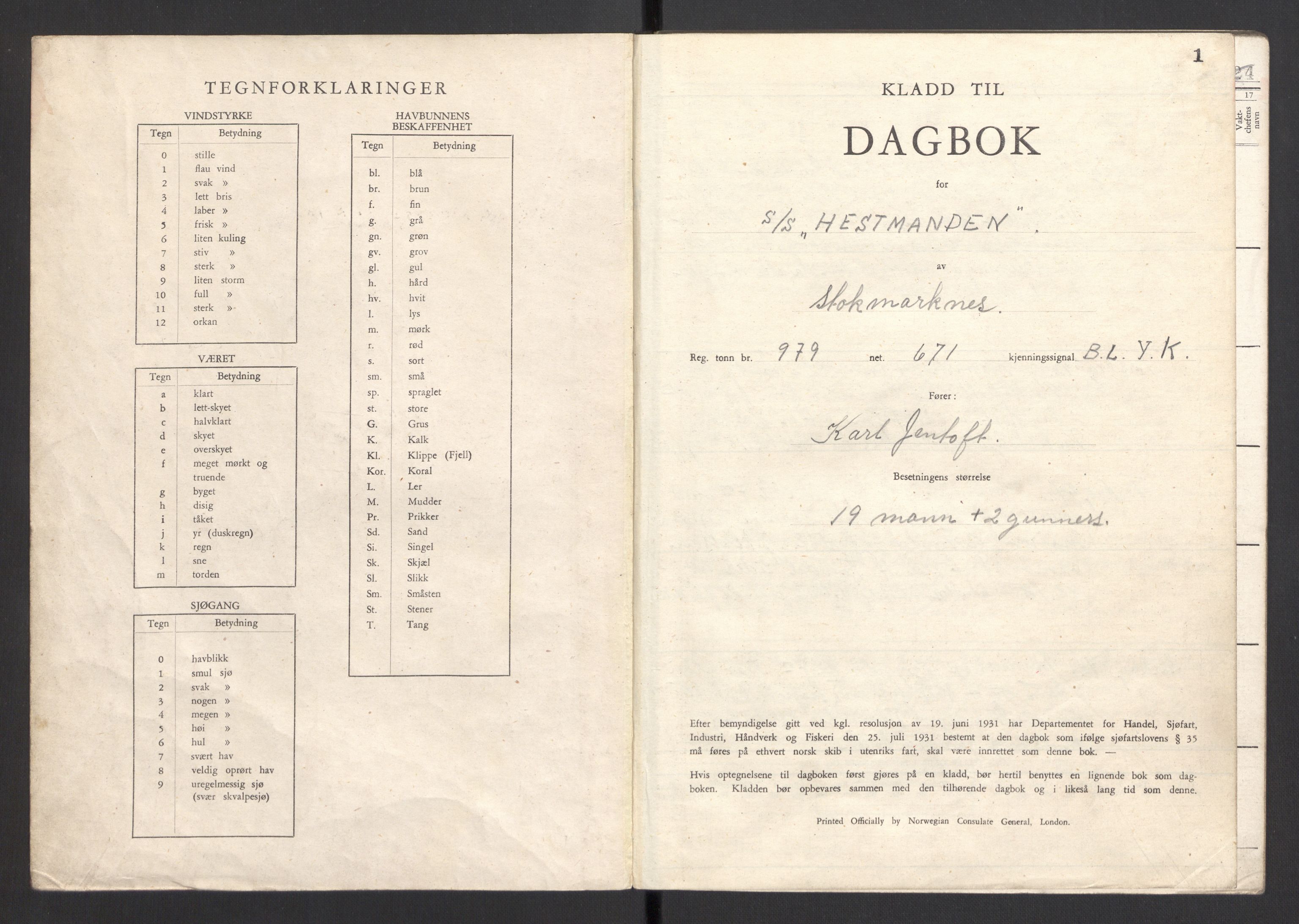 Nortraship, Skipsdagbøker, RA/S-2168/F/L0639/0010: Boknr. 3105 - 3116 / Boknr. 3114 Hestmanden, 1943, s. 1