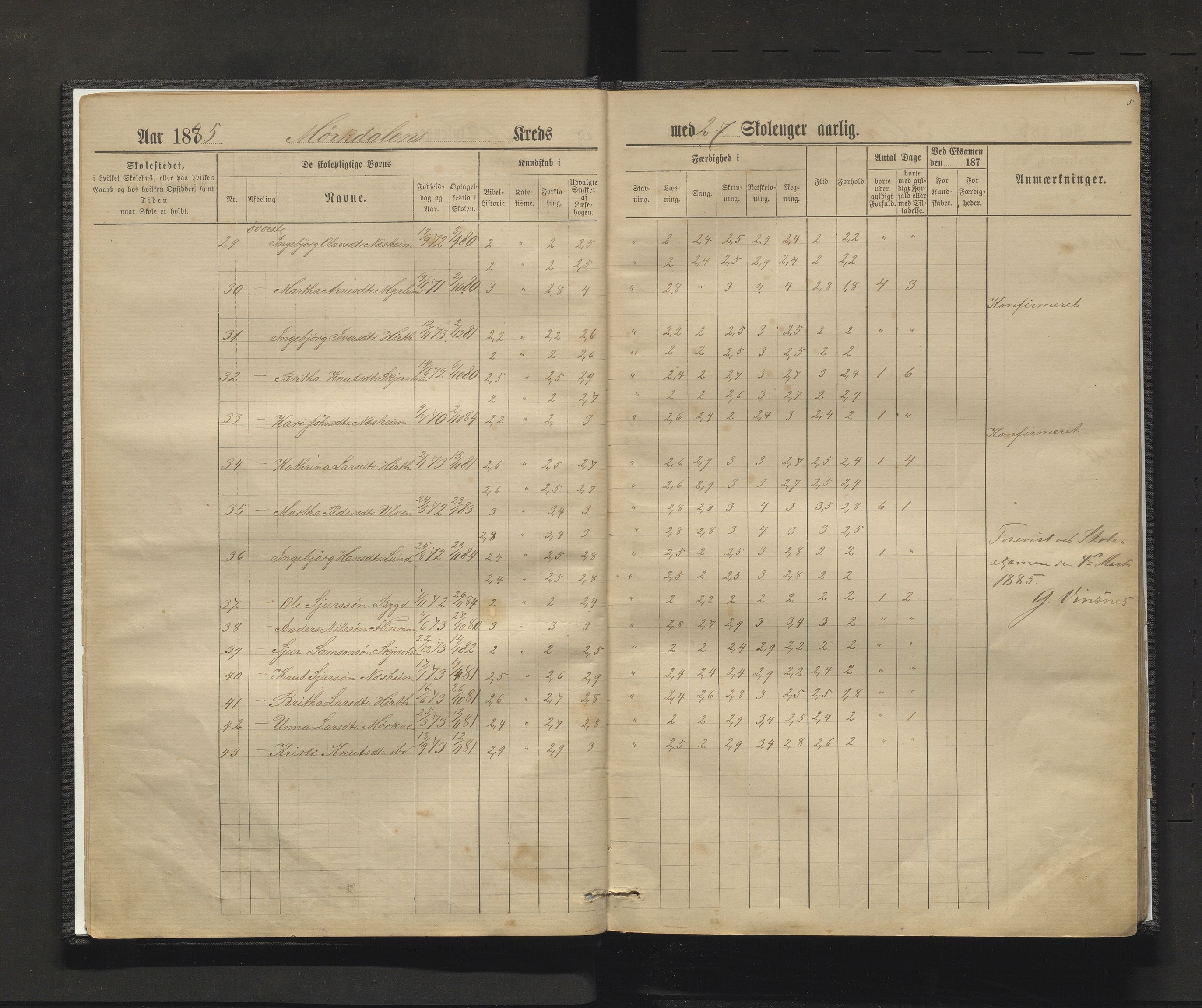 Vossestrand kommune. Barneskulane , IKAH/1236-231/F/Fd/L0002: Skuleprotokoll for Myrkdalen skulekrins, 1885-1902