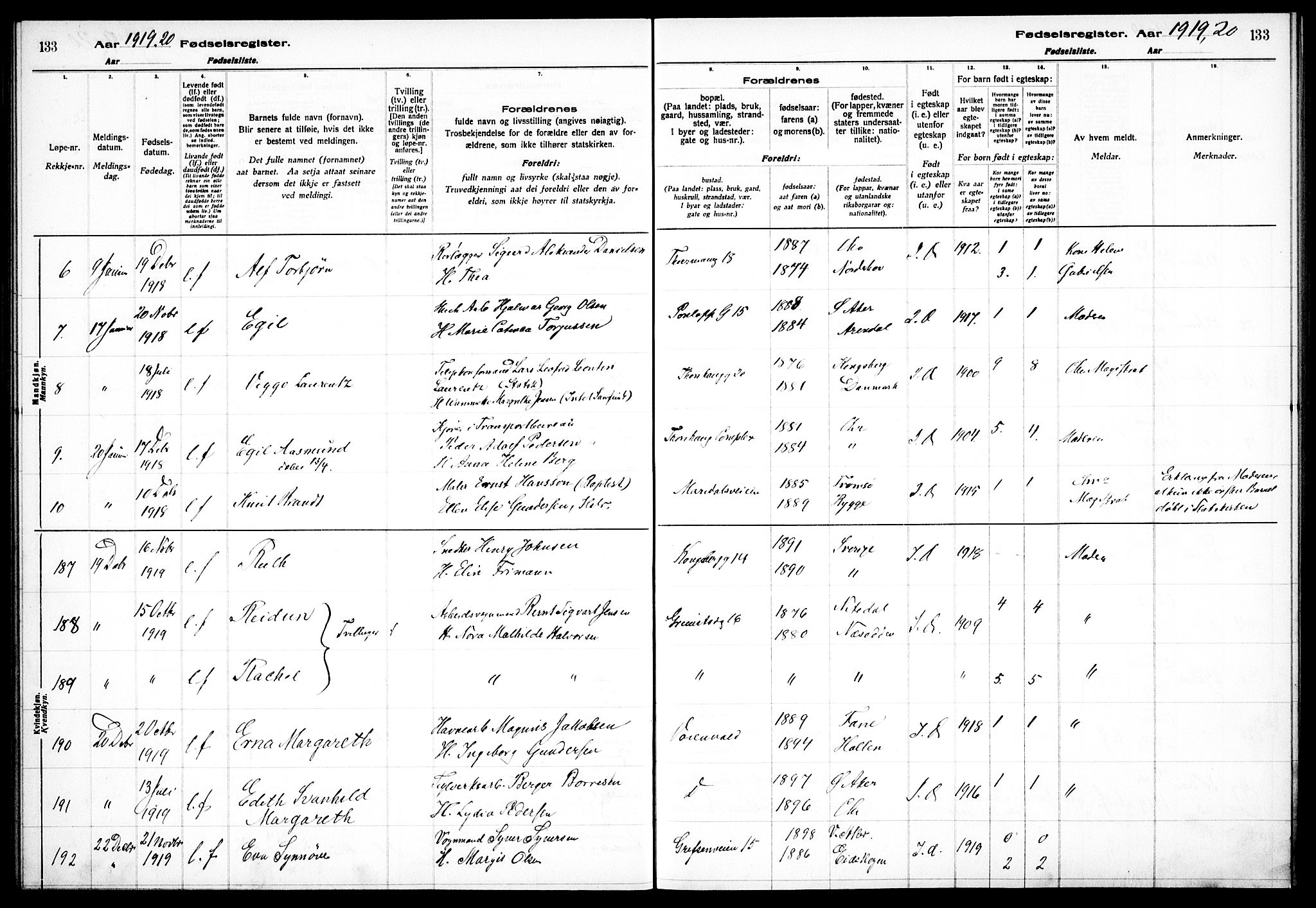 Sagene prestekontor Kirkebøker, SAO/A-10796/J/L0001: Fødselsregister nr. 1, 1916-1920, s. 133
