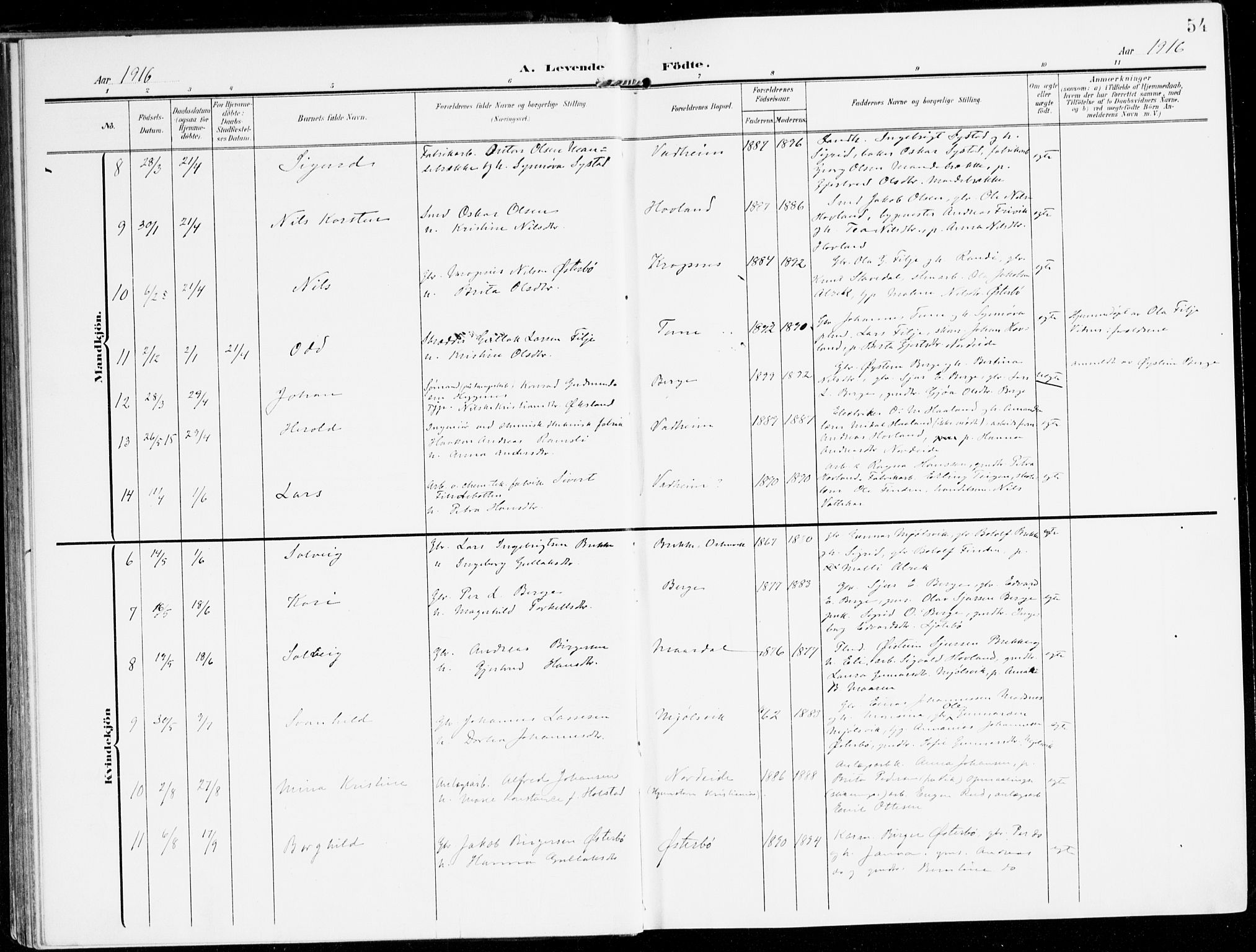 Lavik sokneprestembete, AV/SAB-A-80901: Ministerialbok nr. C 2, 1904-1921, s. 54