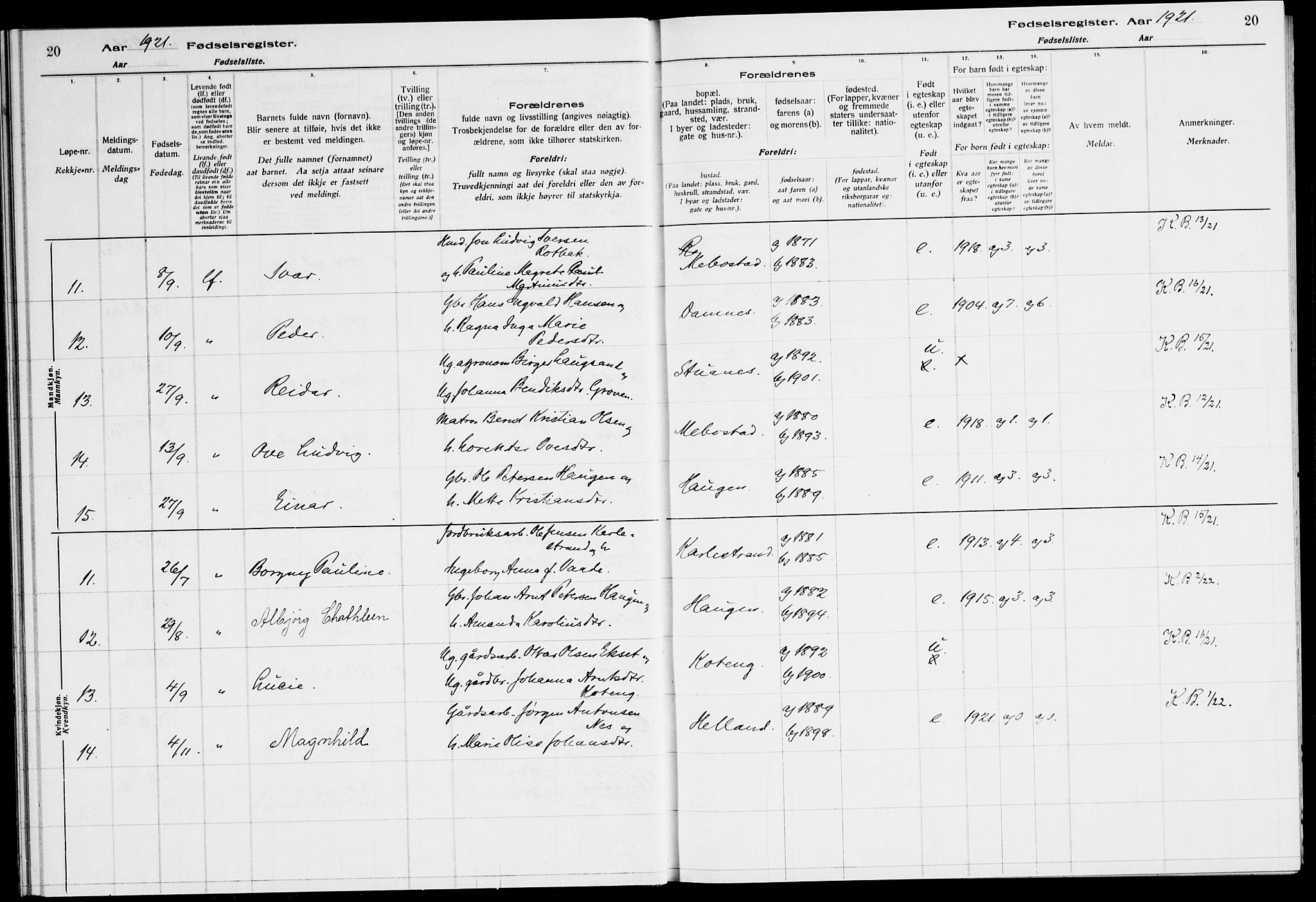 Ministerialprotokoller, klokkerbøker og fødselsregistre - Sør-Trøndelag, SAT/A-1456/651/L0650: Fødselsregister nr. 651.II.4.1, 1916-1923, s. 20