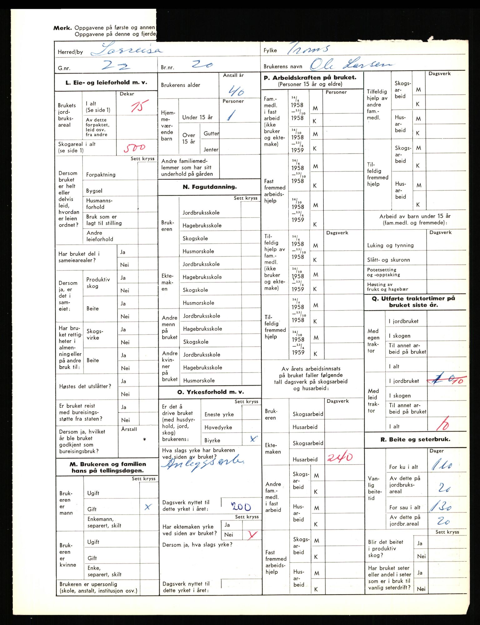 Statistisk sentralbyrå, Næringsøkonomiske emner, Jordbruk, skogbruk, jakt, fiske og fangst, AV/RA-S-2234/G/Gd/L0656: Troms: 1924 Målselv (kl. 0-3) og 1925 Sørreisa, 1959, s. 1488