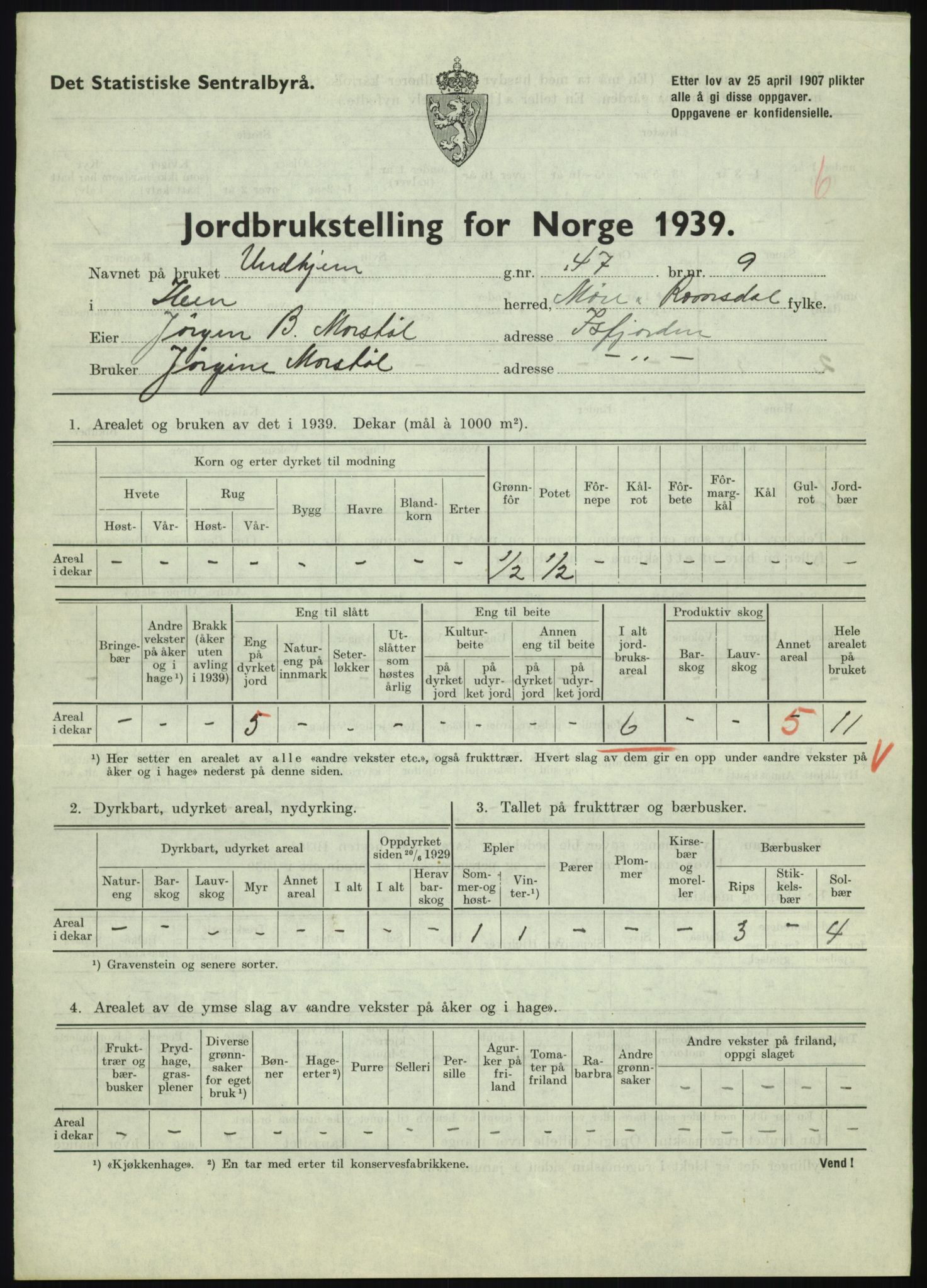 Statistisk sentralbyrå, Næringsøkonomiske emner, Jordbruk, skogbruk, jakt, fiske og fangst, AV/RA-S-2234/G/Gb/L0251: Møre og Romsdal: Voll, Eid, Grytten og Hen, 1939, s. 1083