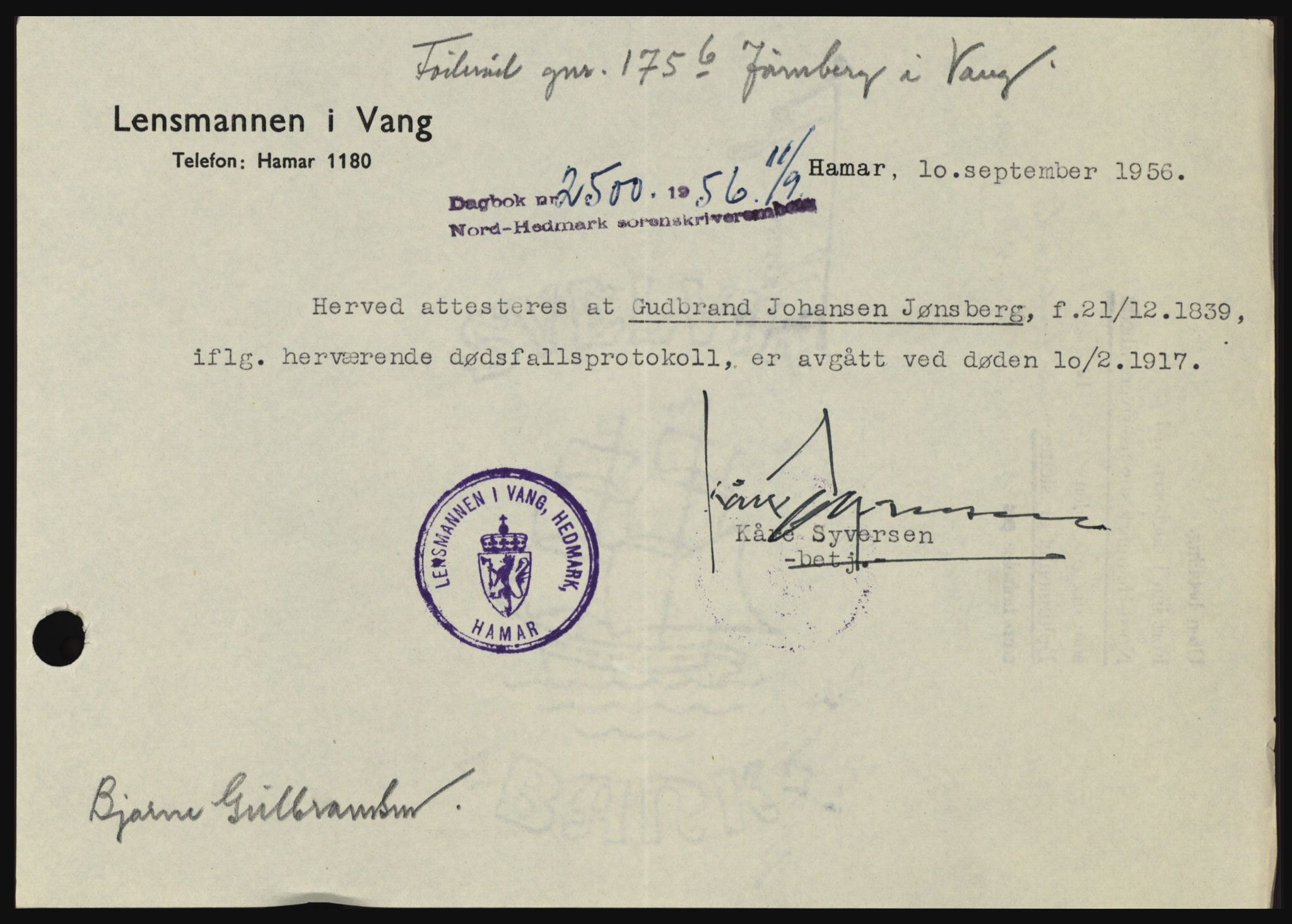 Nord-Hedmark sorenskriveri, SAH/TING-012/H/Hc/L0010: Pantebok nr. 10, 1955-1956, Dagboknr: 2500/1956
