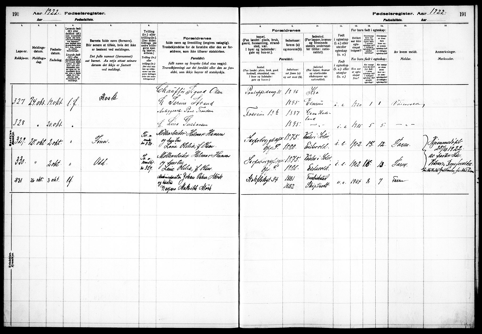 Sagene prestekontor Kirkebøker, AV/SAO-A-10796/J/L0002: Fødselsregister nr. 2, 1920-1922, s. 191