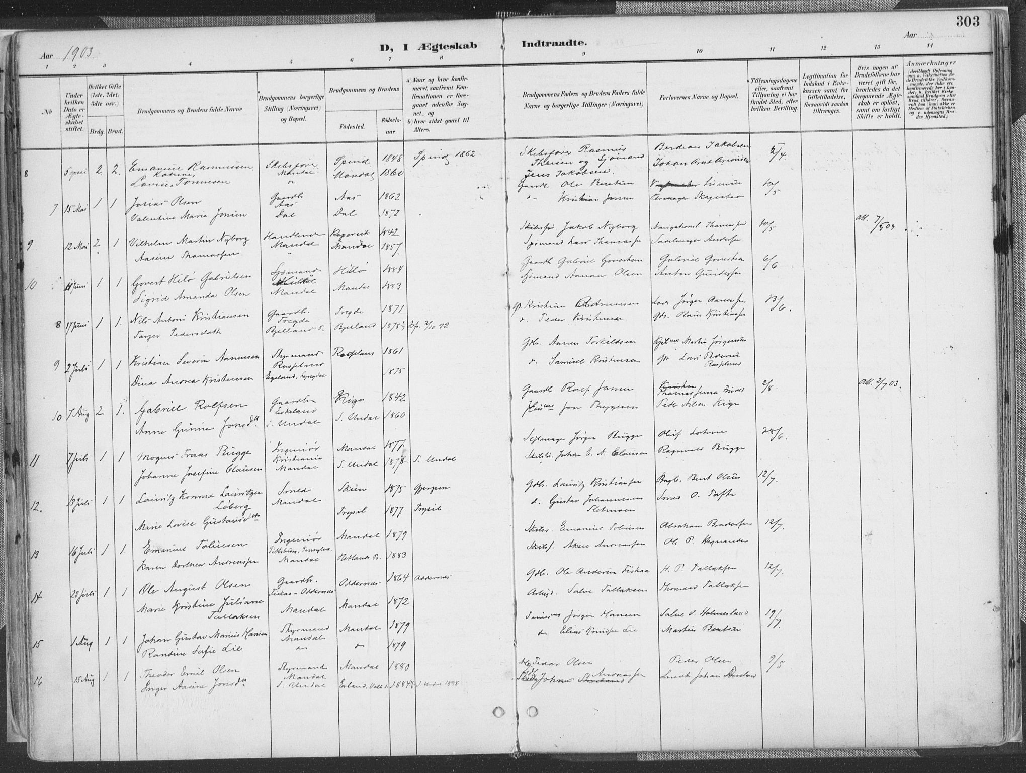 Mandal sokneprestkontor, SAK/1111-0030/F/Fa/Faa/L0018: Ministerialbok nr. A 18, 1890-1905, s. 303