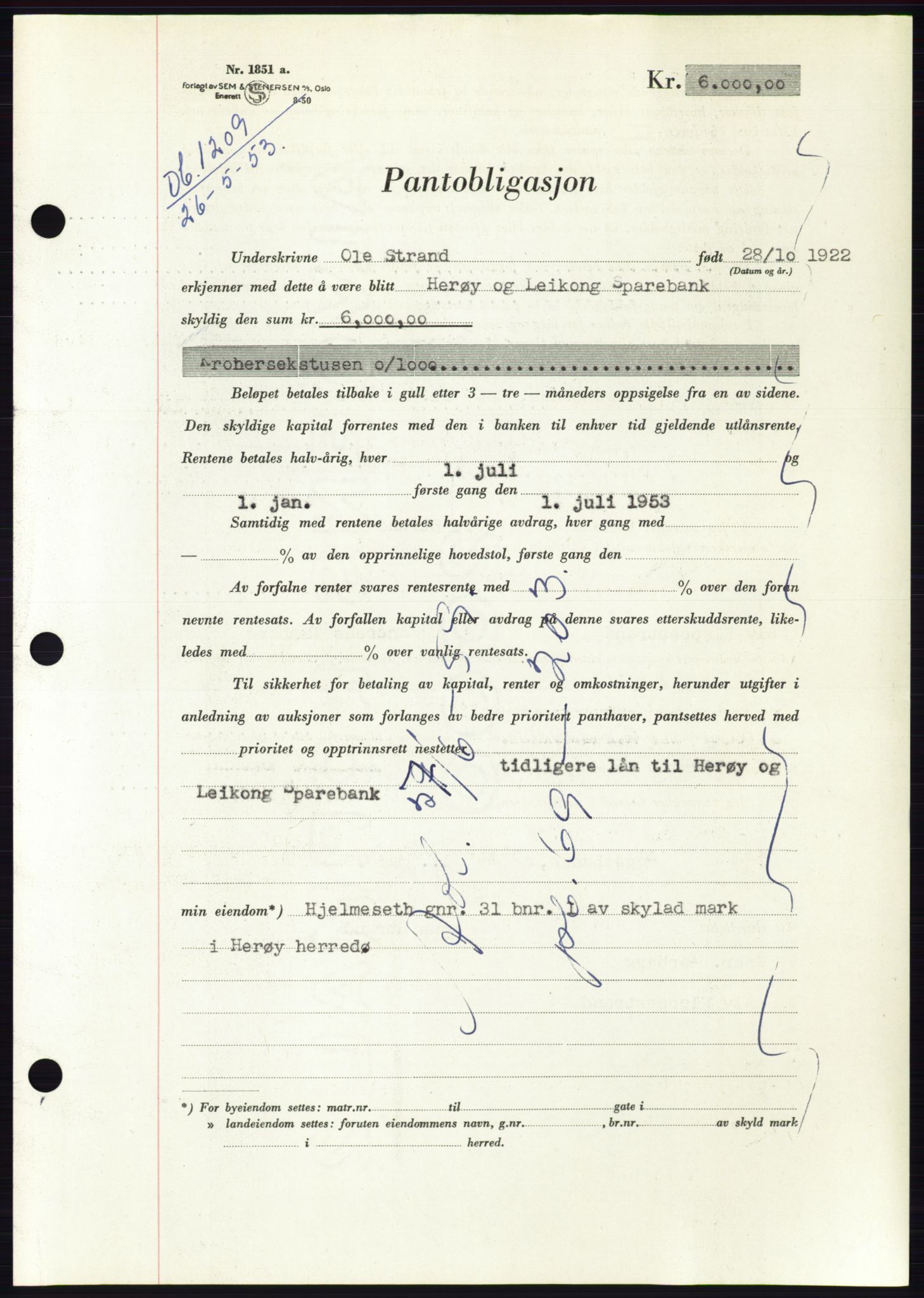 Søre Sunnmøre sorenskriveri, SAT/A-4122/1/2/2C/L0123: Pantebok nr. 11B, 1953-1953, Dagboknr: 1209/1953
