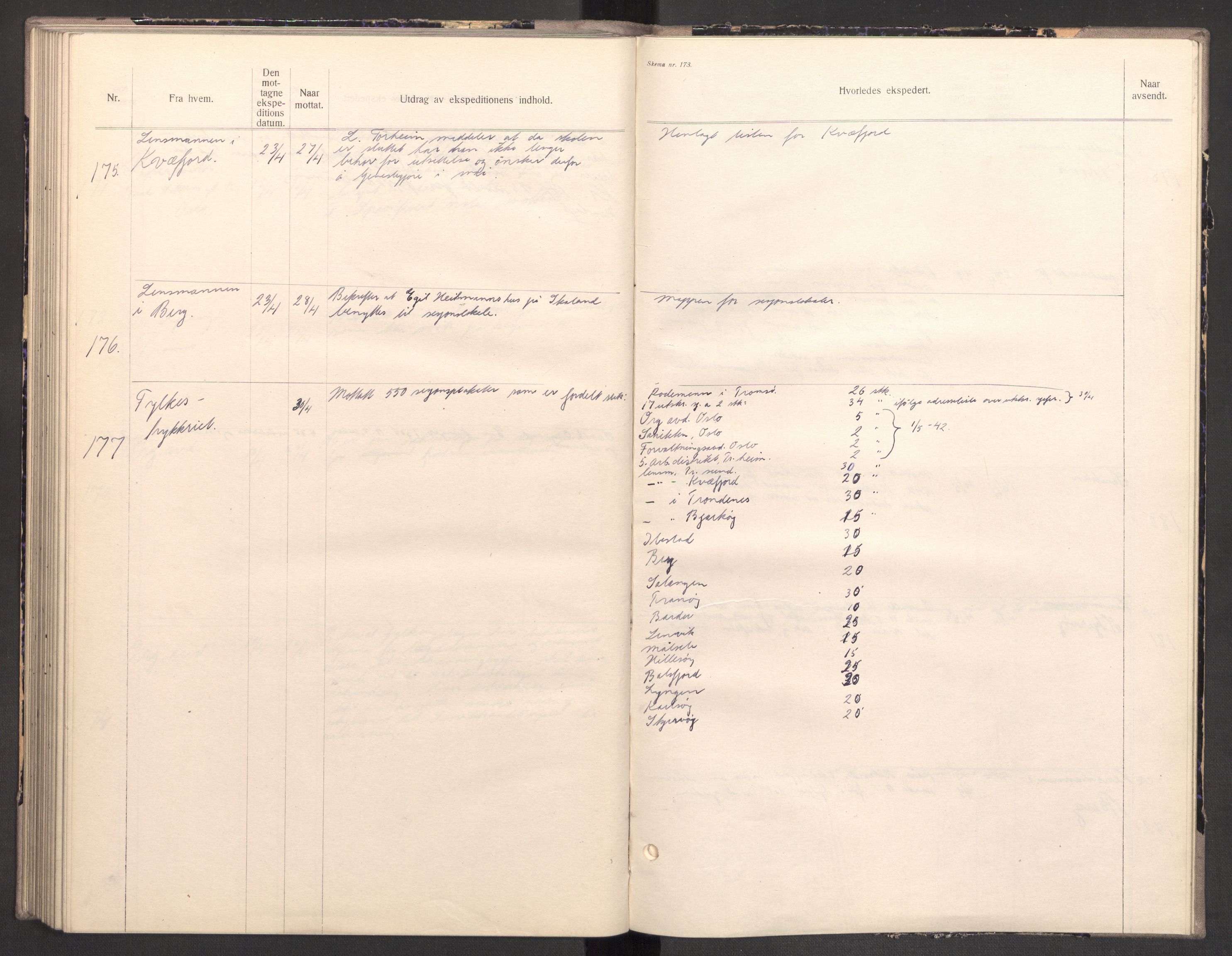 Norges arbeidstjeneste, RA/S-5014/C/Ca/L0001: Journal for utskrivning Nordland og Troms, 1940-1942, s. 179