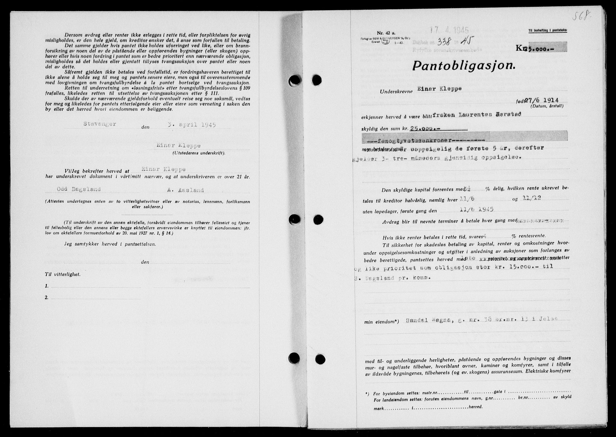 Ryfylke tingrett, SAST/A-100055/001/II/IIB/L0090: Pantebok nr. 69, 1943-1945, Dagboknr: 338/1945