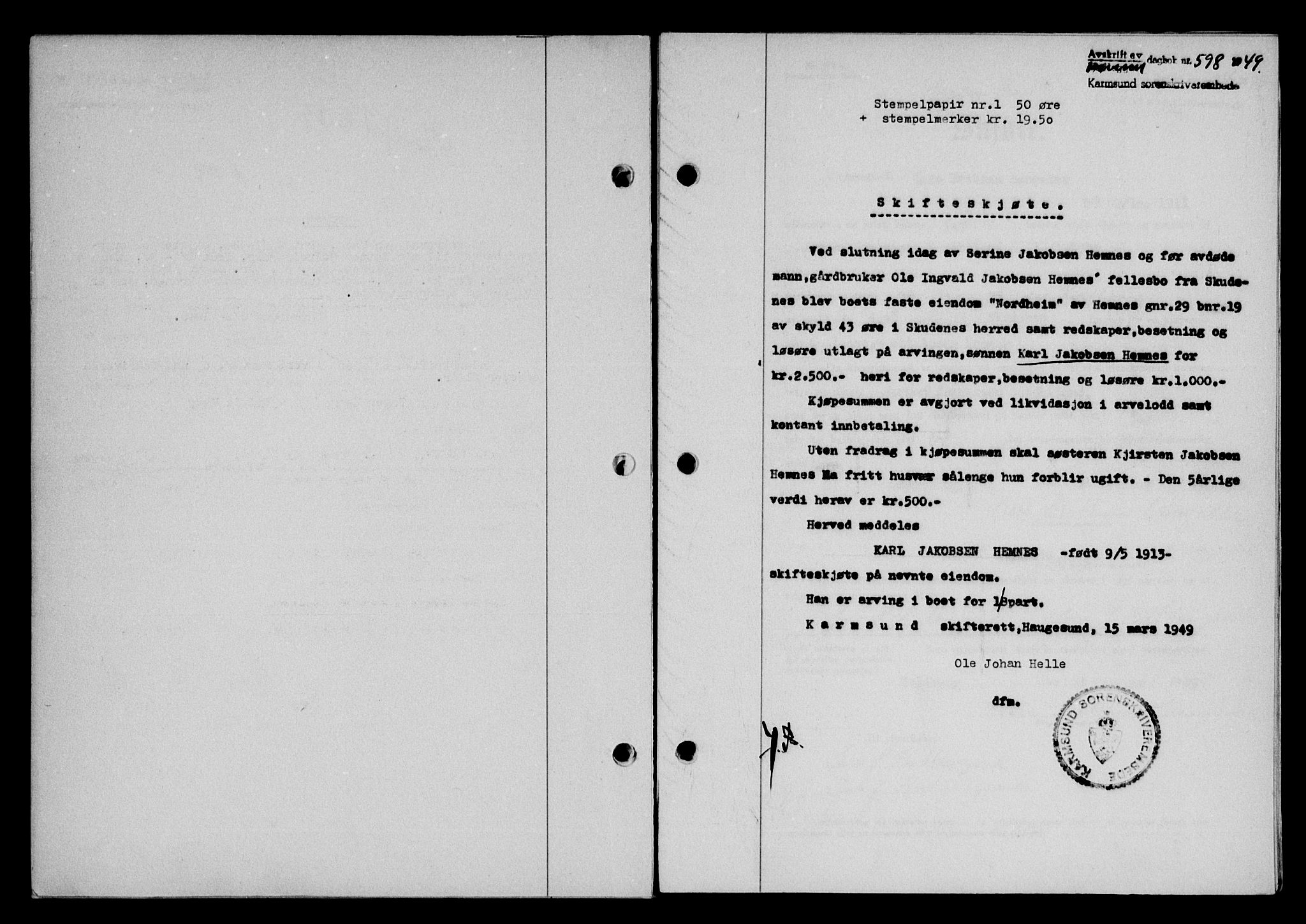 Karmsund sorenskriveri, SAST/A-100311/01/II/IIB/L0095: Pantebok nr. 75A, 1948-1949, Dagboknr: 598/1949