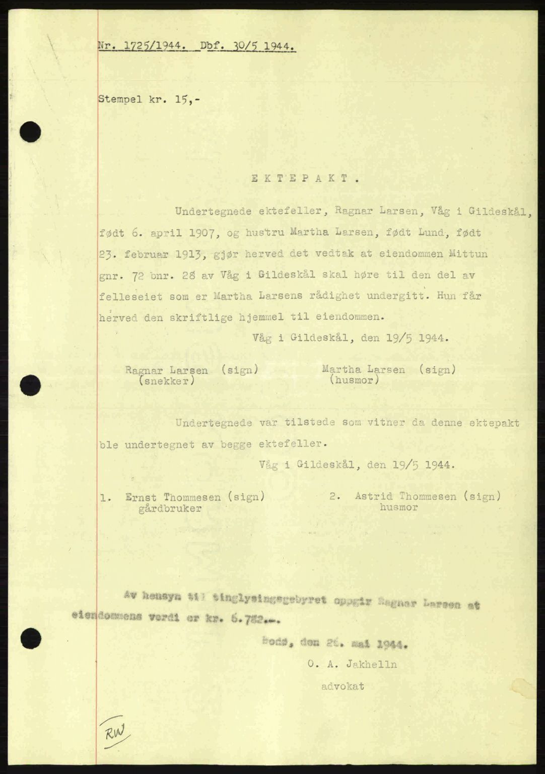 Salten sorenskriveri, SAT/A-4578/1/2/2C: Pantebok nr. A14-15, 1943-1945, Dagboknr: 1725/1944