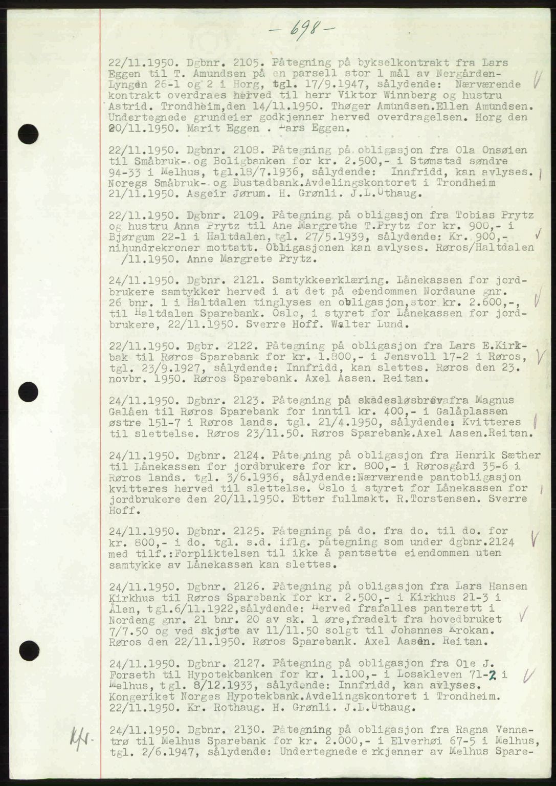 Gauldal sorenskriveri, SAT/A-0014/1/2/2C: Pantebok nr. A11, 1950-1950, Dagboknr: 2105/1950