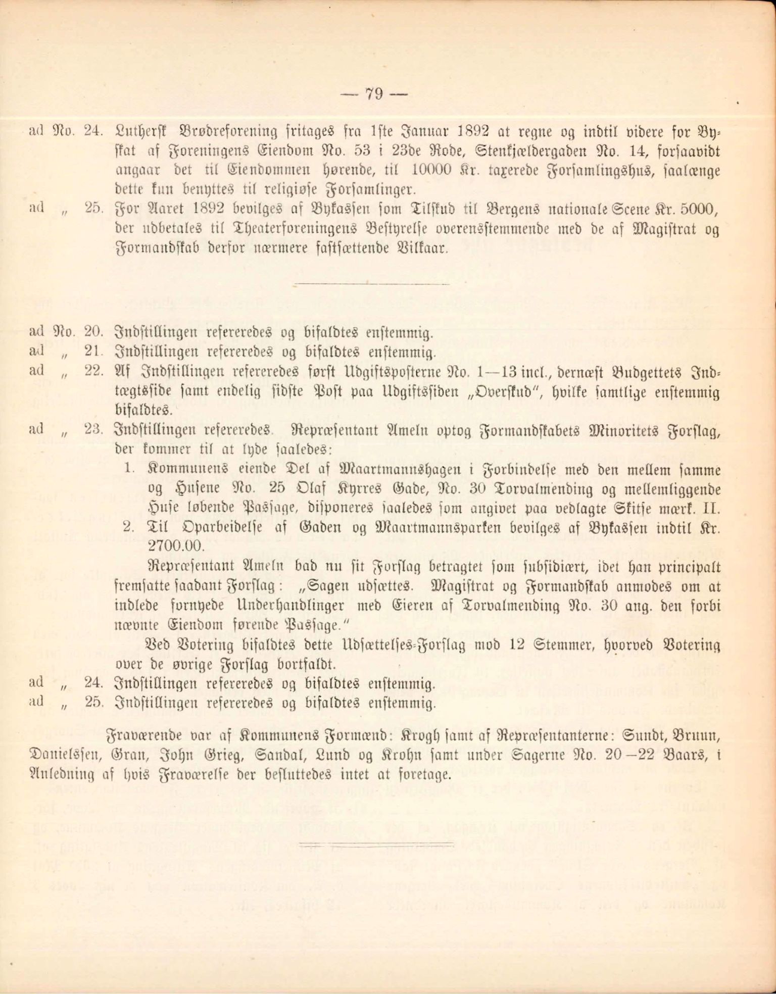 Bergen kommune. Formannskapet, BBA/A-0003/Ad/L0047: Bergens Kommuneforhandlinger, 1892