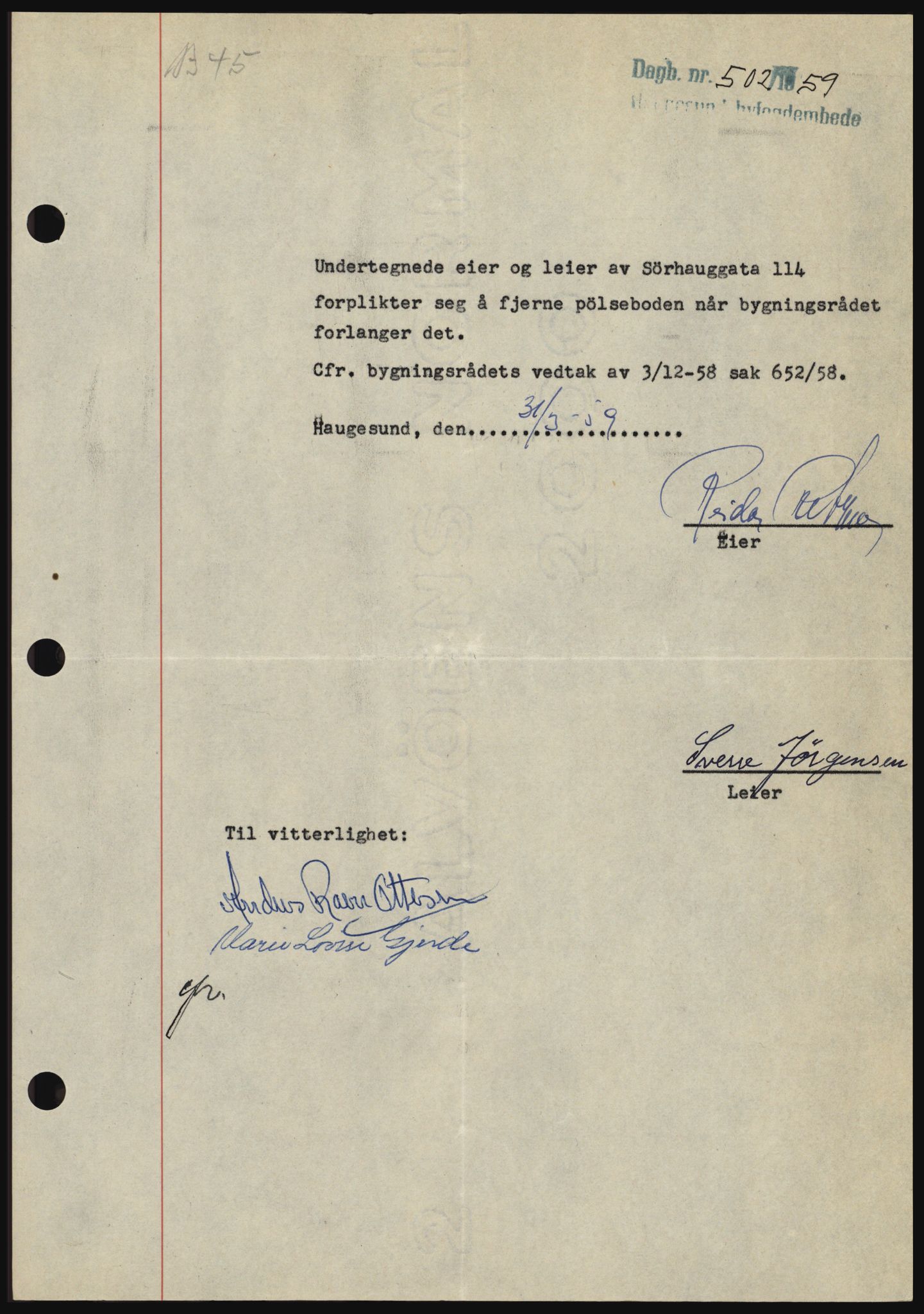 Haugesund tingrett, SAST/A-101415/01/II/IIC/L0045: Pantebok nr. B 45, 1959-1959, Dagboknr: 502/1959
