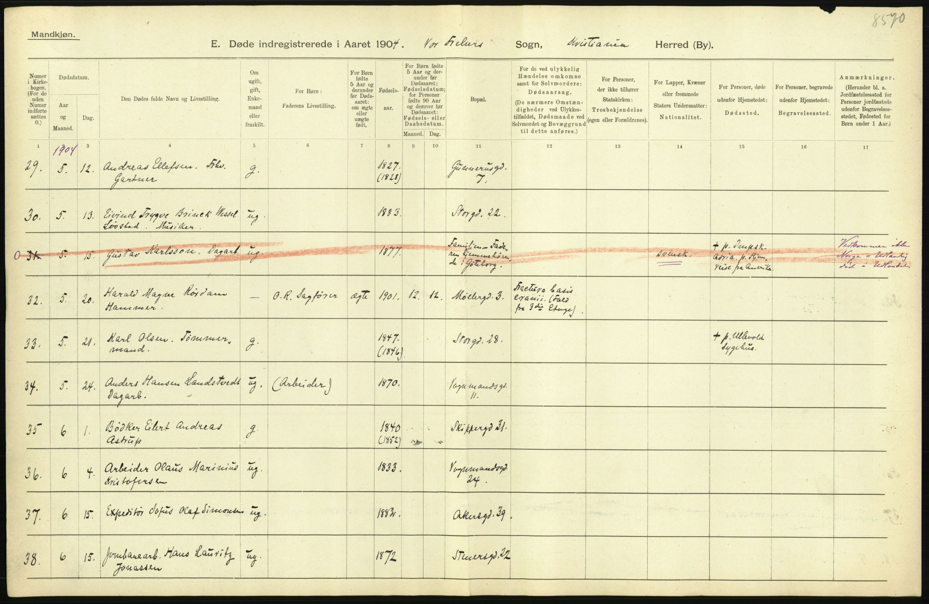 Statistisk sentralbyrå, Sosiodemografiske emner, Befolkning, AV/RA-S-2228/D/Df/Dfa/Dfab/L0004: Kristiania: Gifte, døde, 1904, s. 483