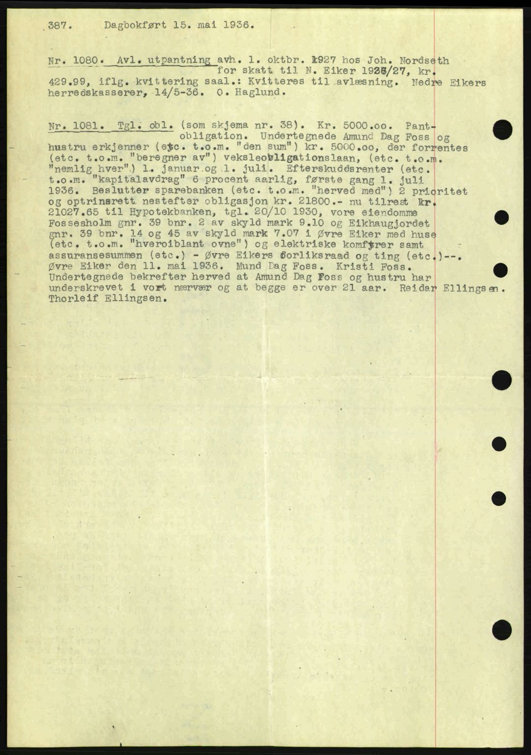 Eiker, Modum og Sigdal sorenskriveri, SAKO/A-123/G/Ga/Gab/L0032: Pantebok nr. A2, 1936-1936, Dagboknr: 1080/1936