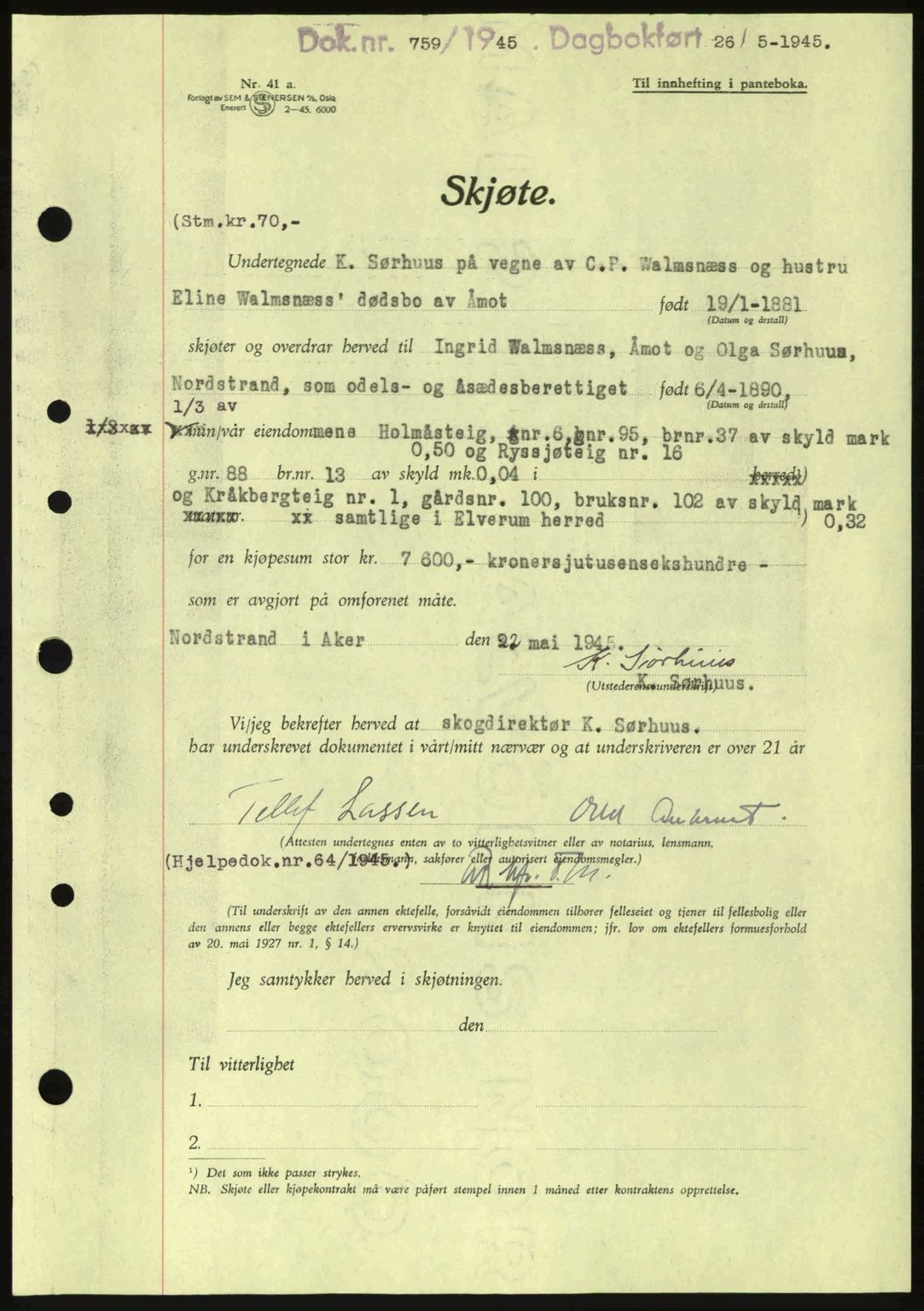 Sør-Østerdal sorenskriveri, AV/SAH-TING-018/H/Hb/Hbb/L0073: Pantebok nr. A73, 1945-1946, Dagboknr: 759/1945