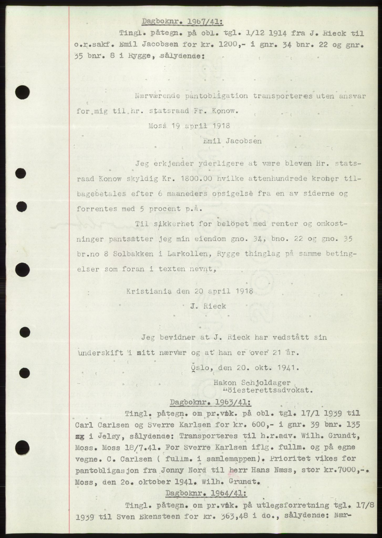 Moss sorenskriveri, SAO/A-10168: Pantebok nr. C10, 1938-1950, Dagboknr: 1967/1941
