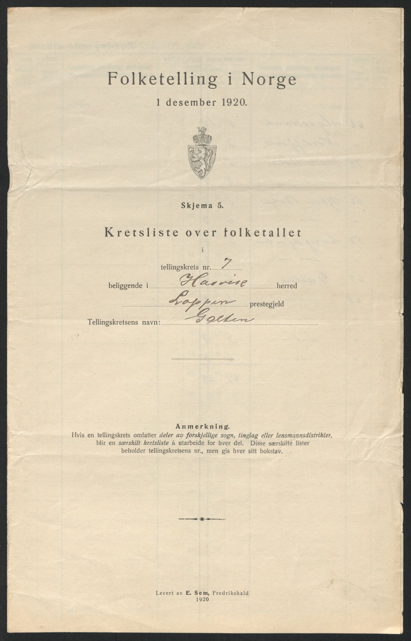 SATØ, Folketelling 1920 for 2015 Hasvik herred, 1920, s. 25