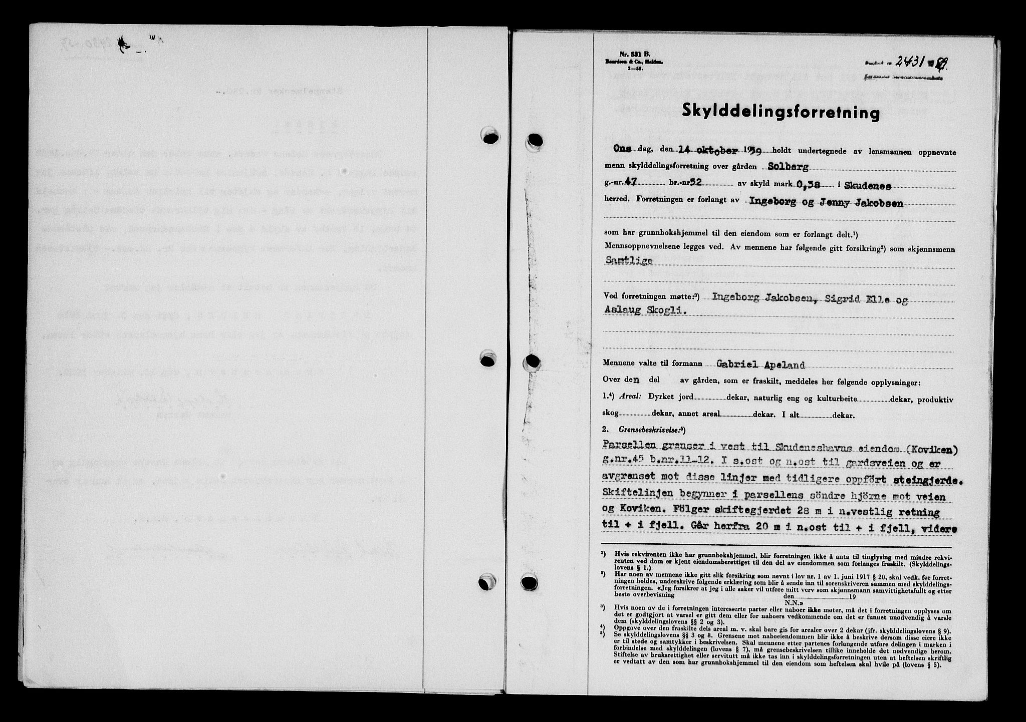 Karmsund sorenskriveri, SAST/A-100311/01/II/IIB/L0132: Pantebok nr. 112A, 1959-1959, Dagboknr: 2431/1959