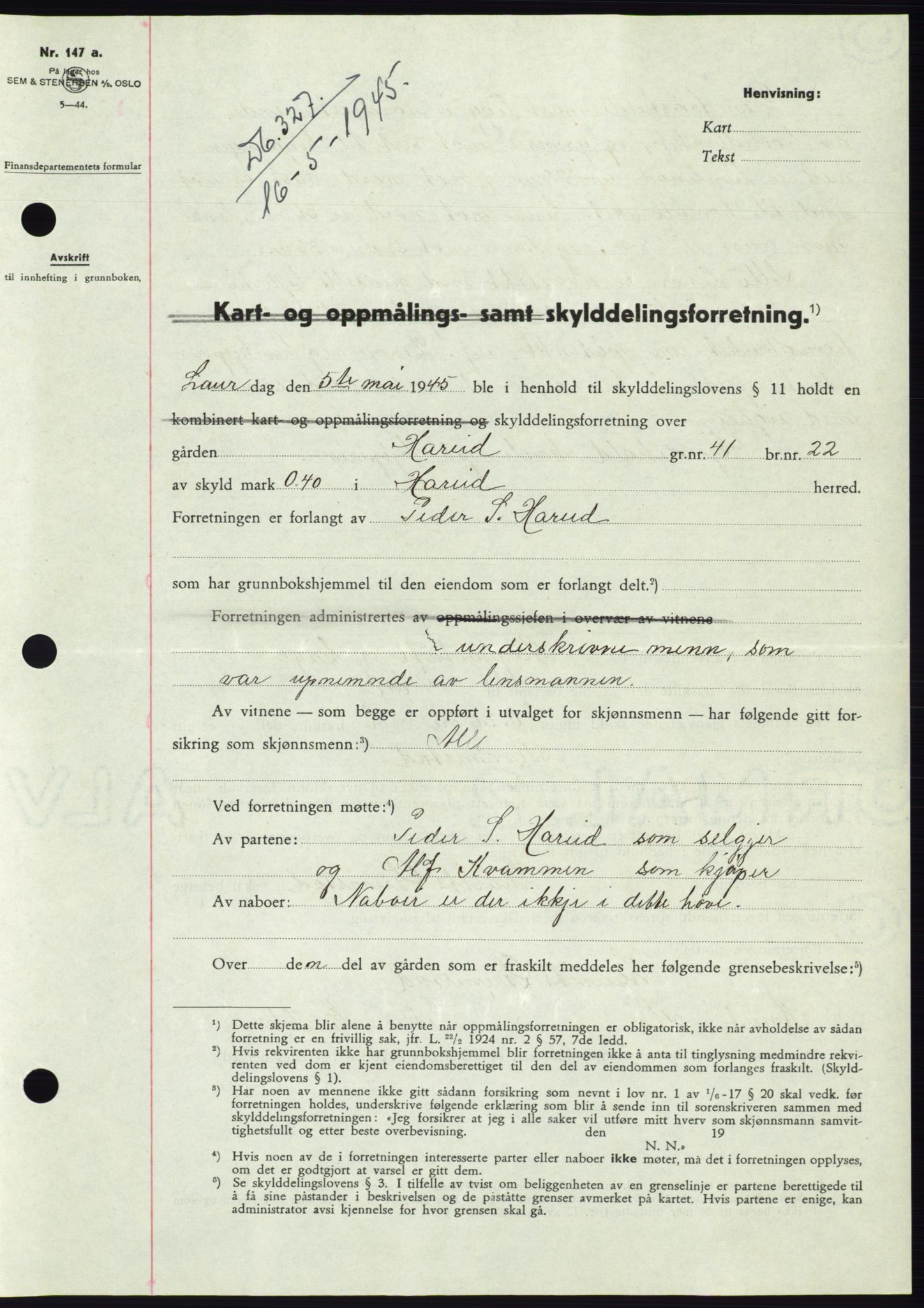 Søre Sunnmøre sorenskriveri, SAT/A-4122/1/2/2C/L0077: Pantebok nr. 3A, 1945-1946, Dagboknr: 327/1945
