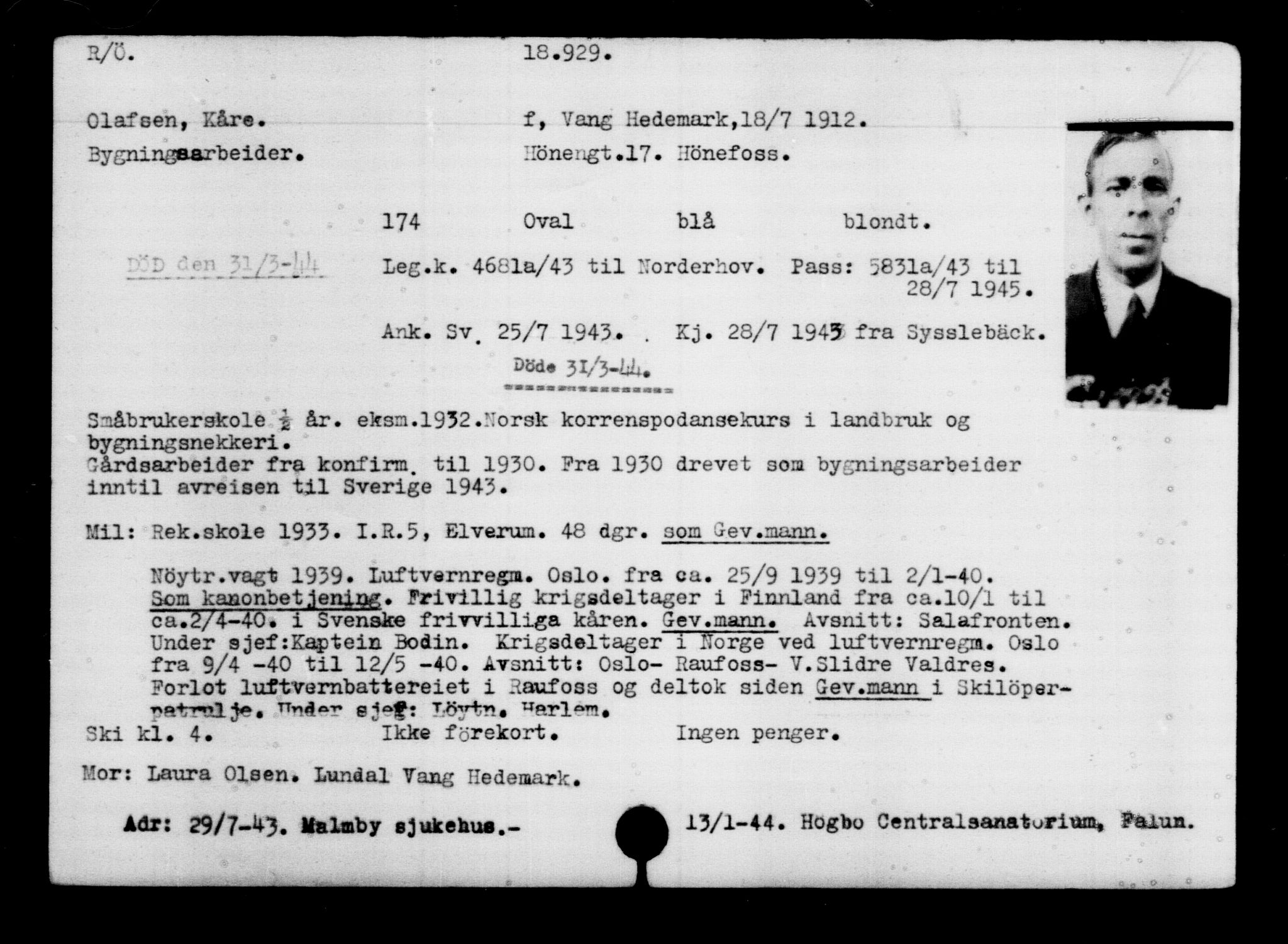 Utenriksstasjonene, Legasjonen i Stockholm, Flyktningkontoret, AV/RA-S-6753/V/Va/L0009: Kjesäterkartoteket, flyktninger med registreringsnr. 18502-22048, 1940-1945, s. 499