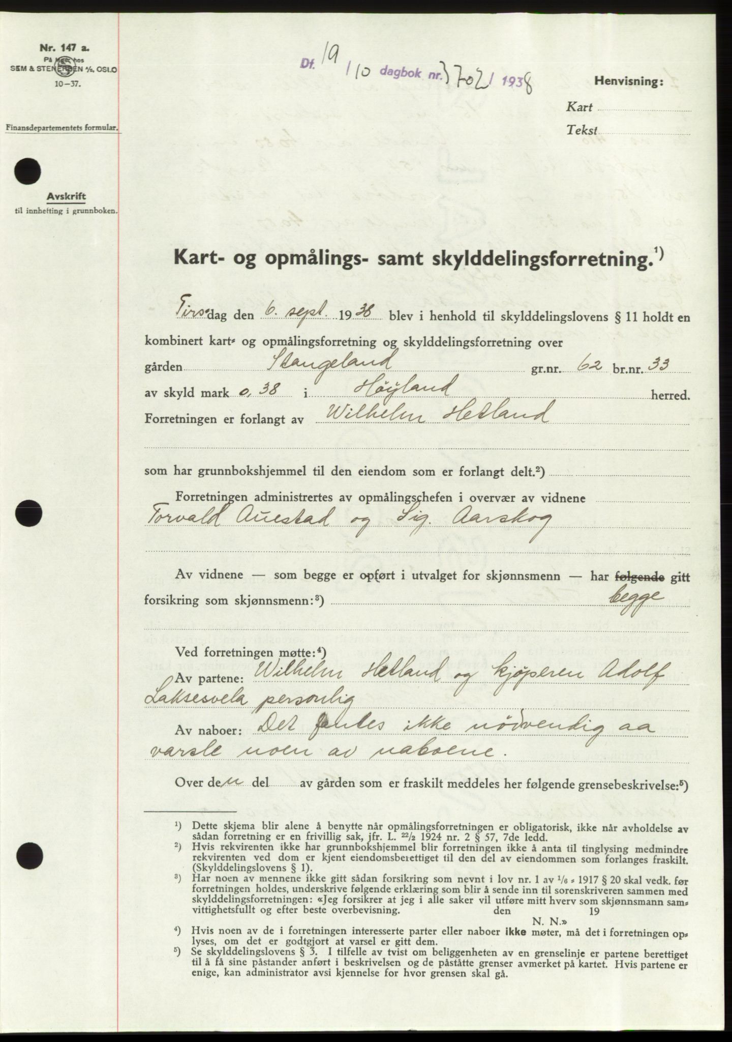 Jæren sorenskriveri, SAST/A-100310/03/G/Gba/L0072: Pantebok, 1938-1938, Dagboknr: 3702/1938