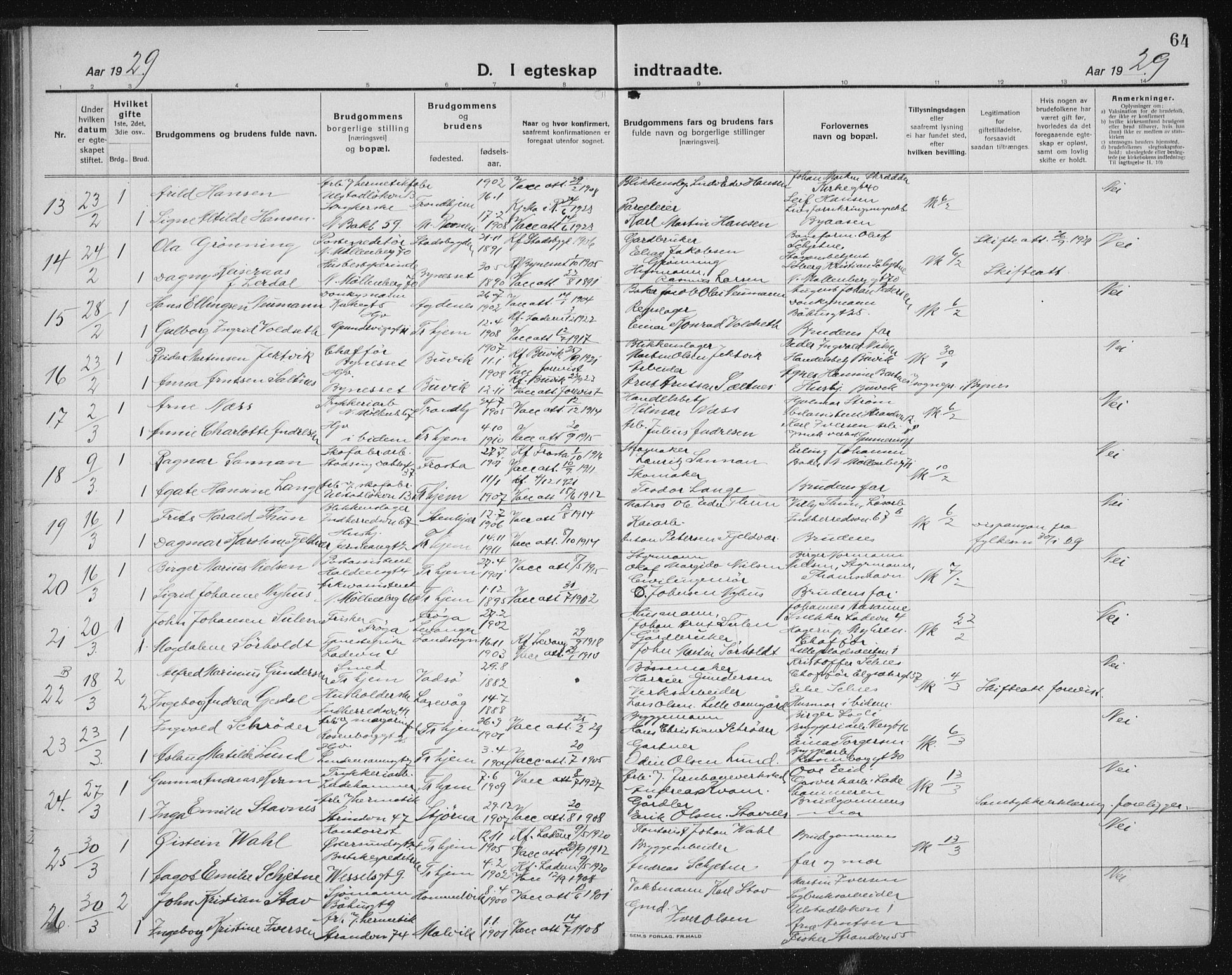 Ministerialprotokoller, klokkerbøker og fødselsregistre - Sør-Trøndelag, SAT/A-1456/605/L0260: Klokkerbok nr. 605C07, 1922-1942, s. 64