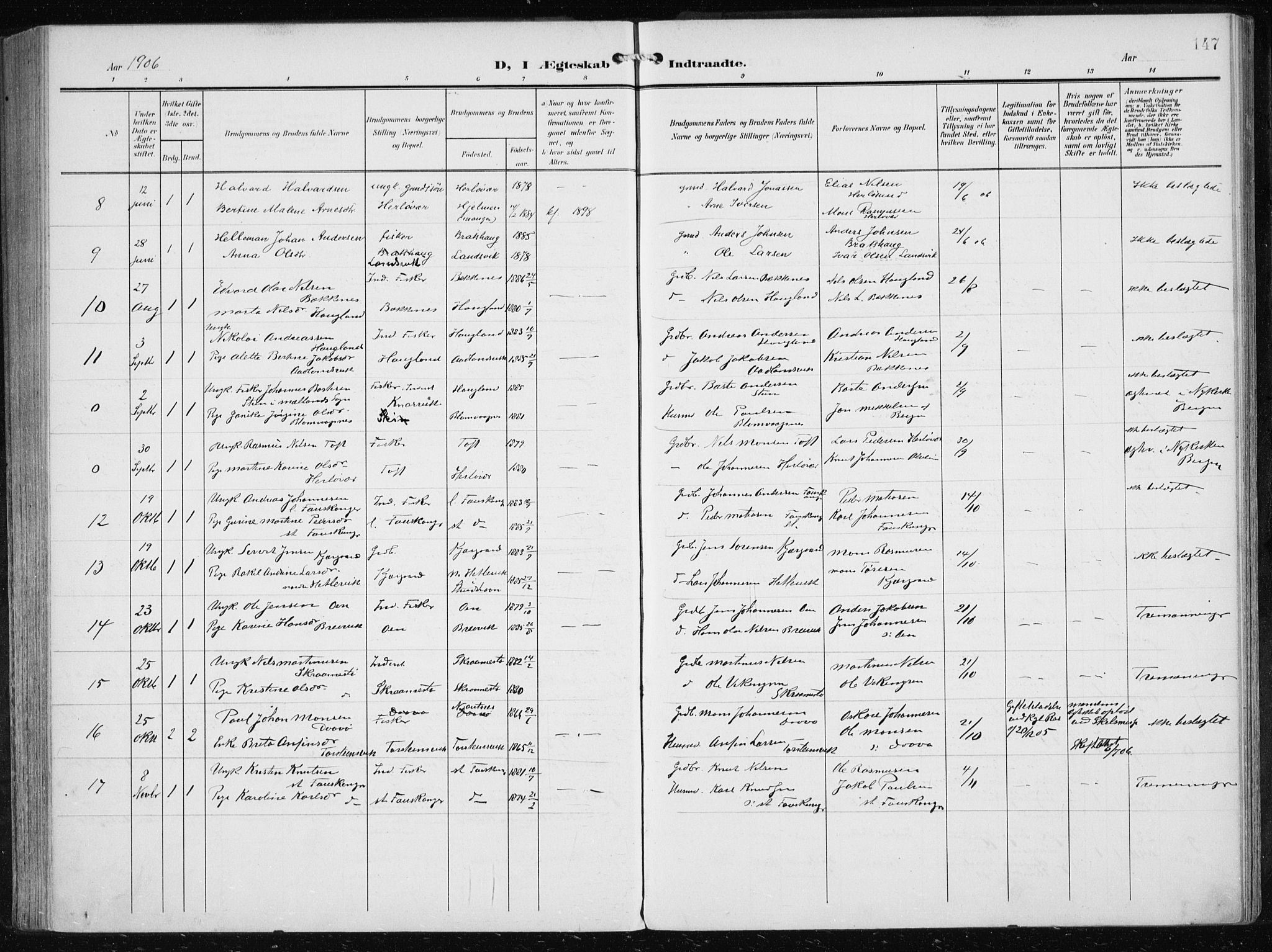 Herdla Sokneprestembete, AV/SAB-A-75701/H/Haa: Ministerialbok nr. A 5, 1905-1918, s. 147