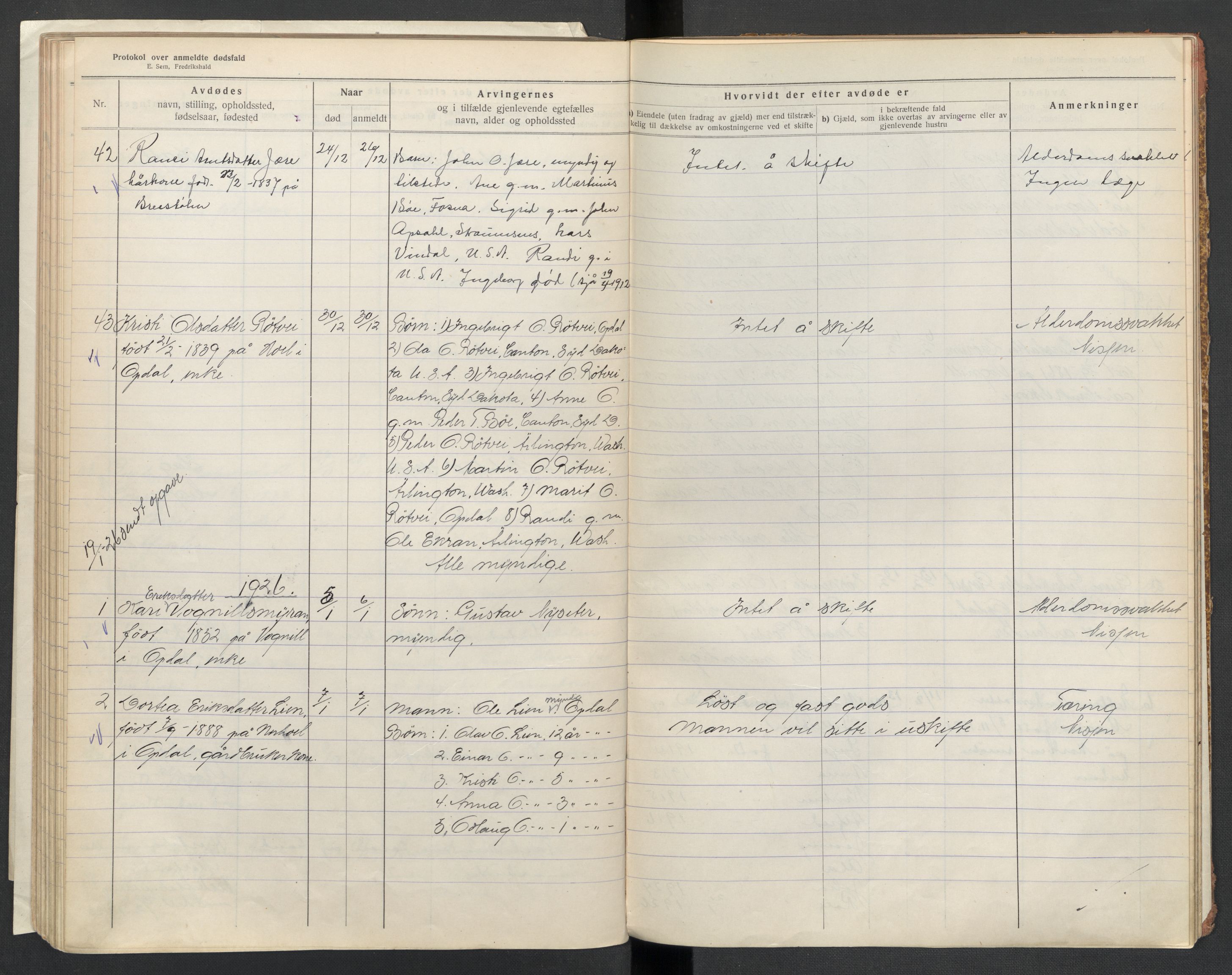 Oppdal lensmannskontor, SAT/A-1073/1/02/L0003: 2.01.03 Dødsfallsprotokoll, 1919-1929