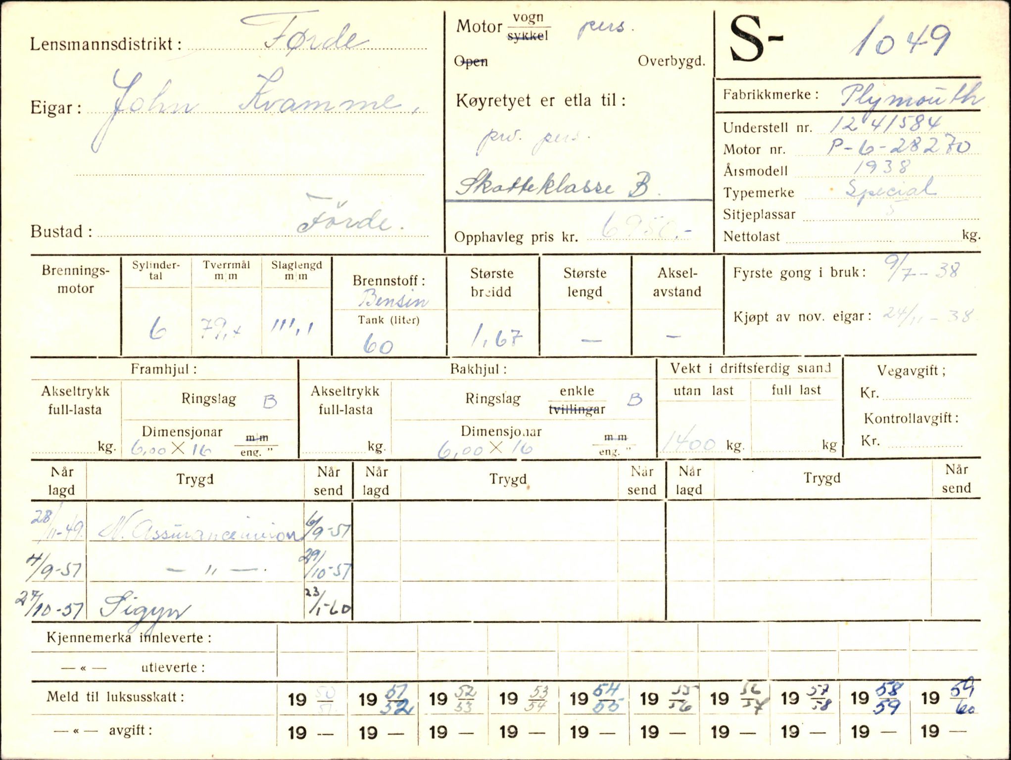 Statens vegvesen, Sogn og Fjordane vegkontor, AV/SAB-A-5301/4/F/L0003: Registerkort utmeldte Fjordane S1000-2499, 1930-1961, s. 86